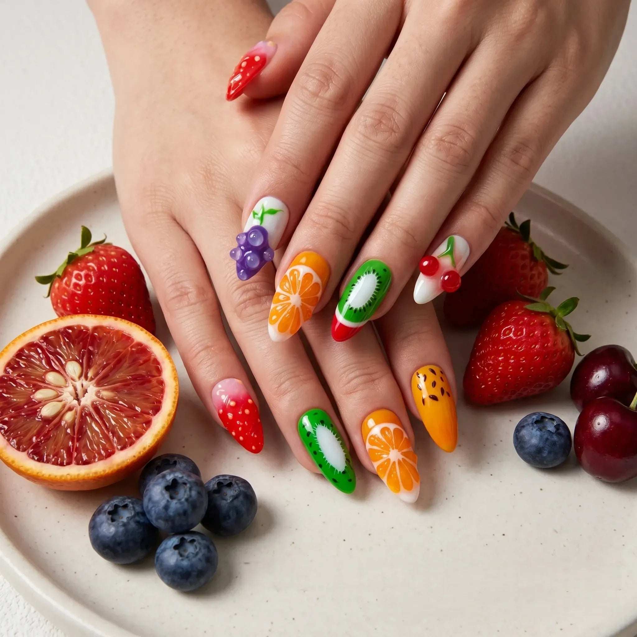 Kentrim Summer Fruit Party medium almond press on nails with multicolor fruit accents, 10-piece set, reusable fake nails. Main image