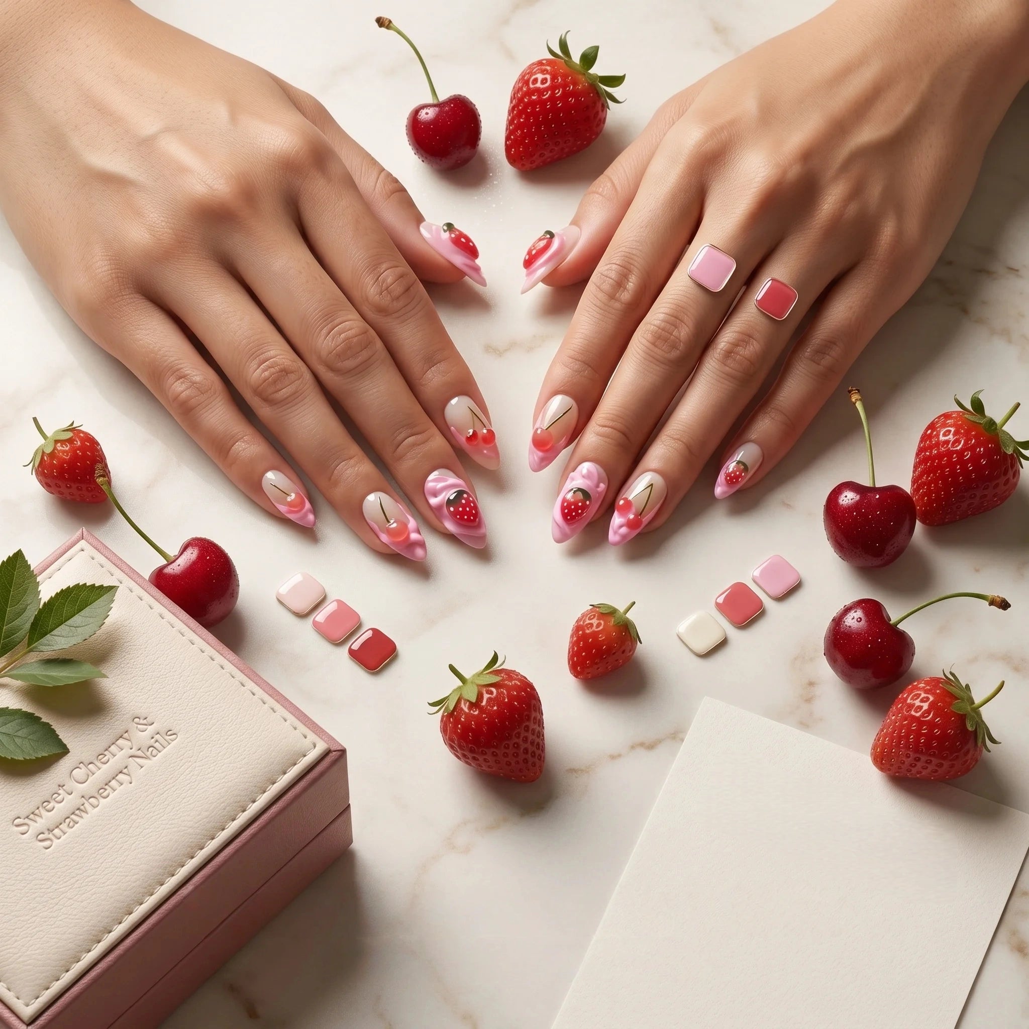 Kentrim Sweet Cherry & Strawberry Medium Almond Press On Nails- 10 Pieces (Single Size)