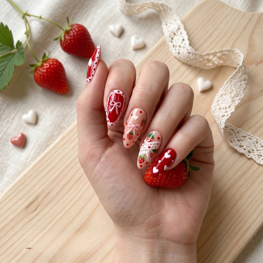 Kentrim Sweet Strawberry Delight Medium Almond Press On Nails- 10 Pieces (Single Size)