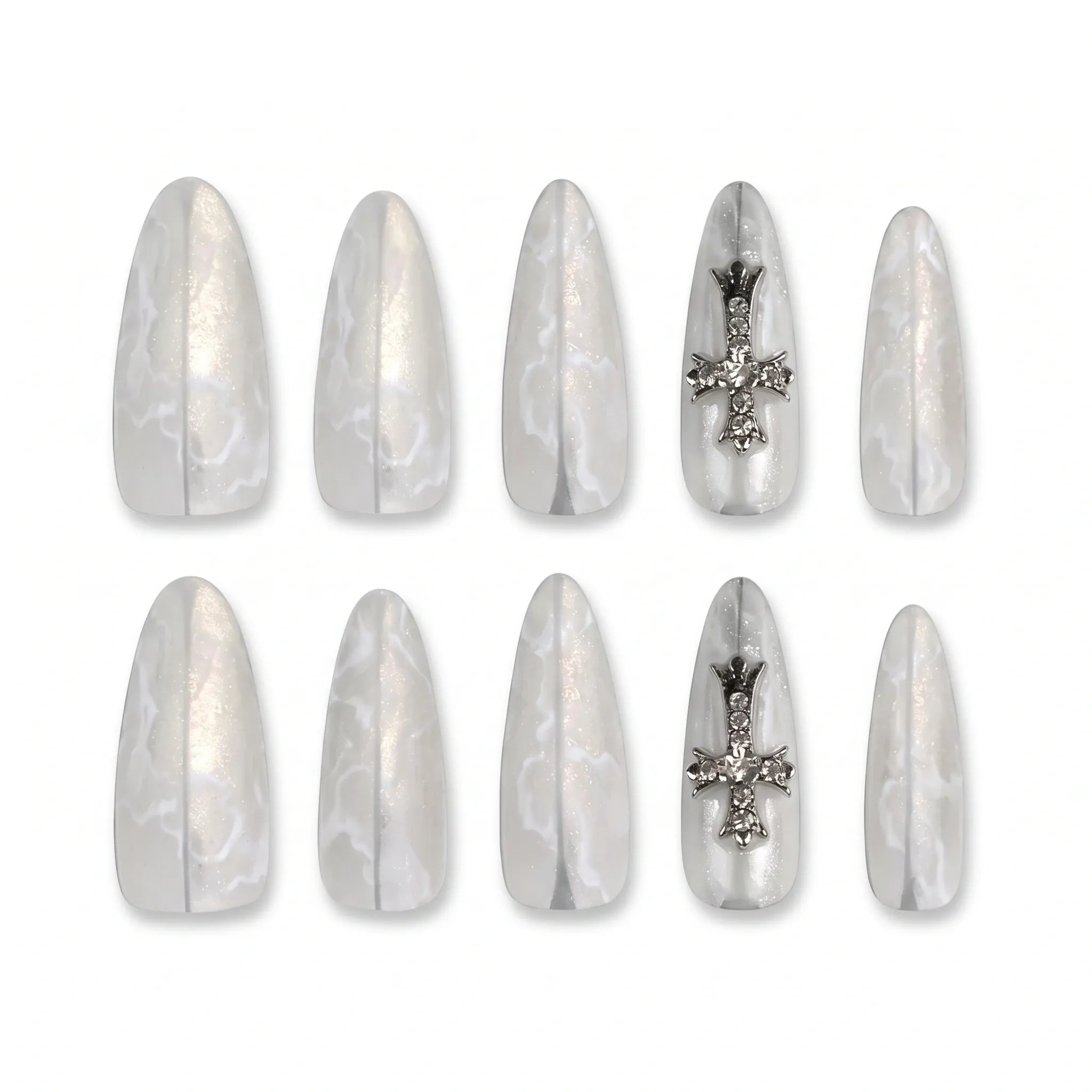 Kentrim Jelly Glue White Kentrim Marbled Cross Press On Nails - 30 Pieces (15 Sizes)