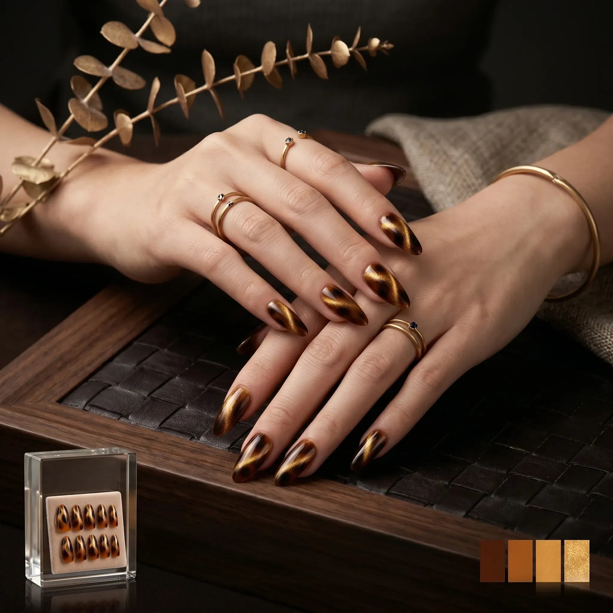Kentrim Wild Elegance tortoiseshell gold shimmer press on nails in almond shape, reusable false nails for women, 30 pieces with 15 sizes Main image