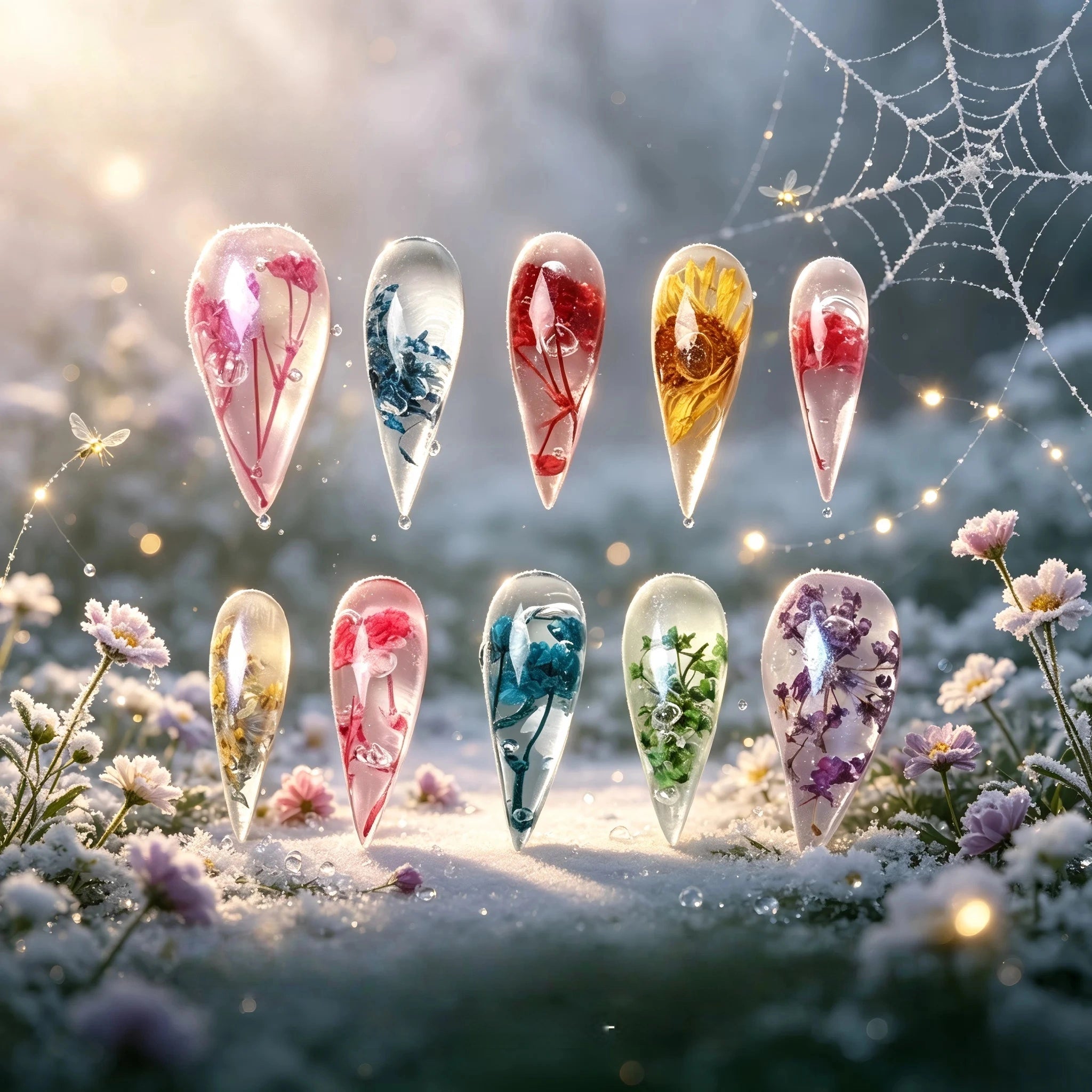 Kentrim Clear Dried Flower Press On Nails- 10 Pieces (Single Size)