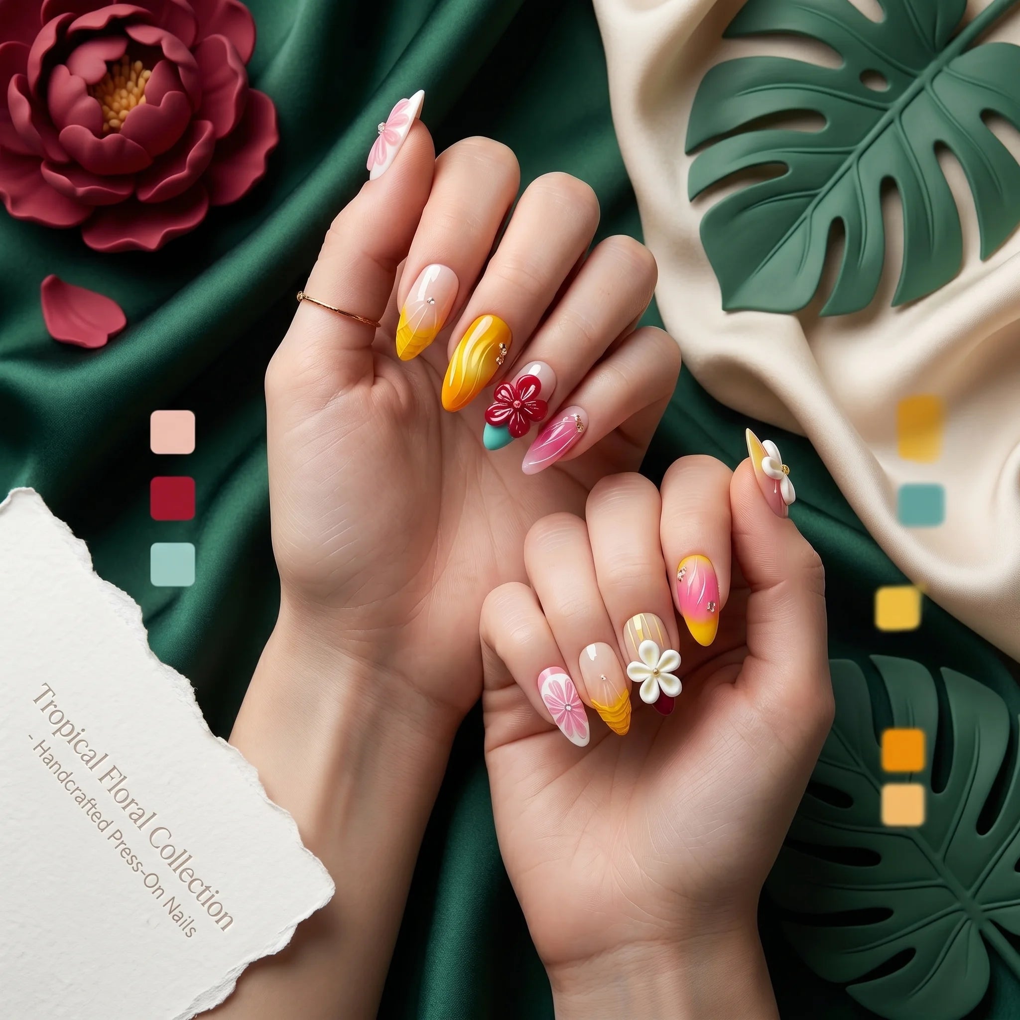 Kentrim Tropical Floral Medium Almond Press On Nails- 10 Pieces (Single Size)