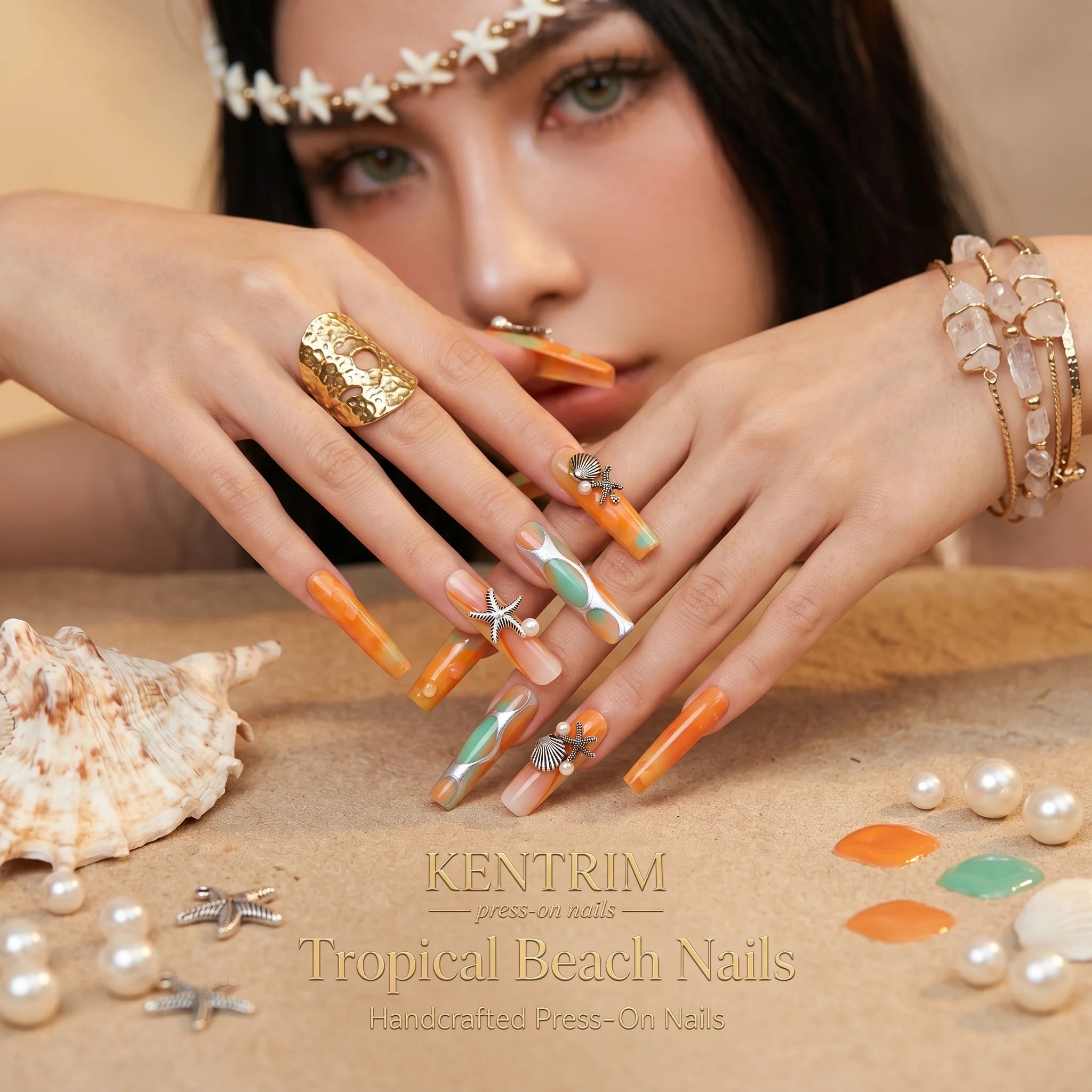 Kentrim Tropical Coastal Press On Nails- 30 Pieces, 15 Sizes