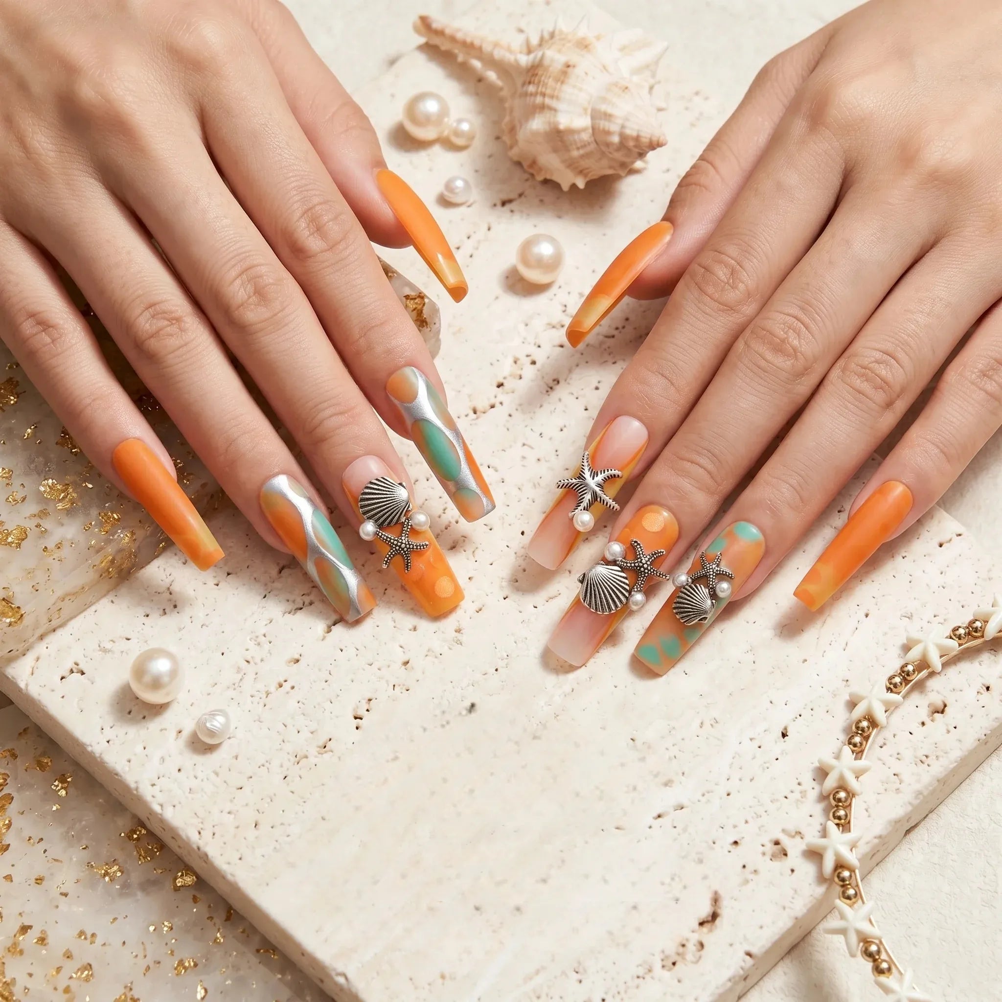 Kentrim Tropical Coastal press on nails with orange ombre finish, 3D starfish and shell accents, 30 reusable long coffin fake nails Main image
