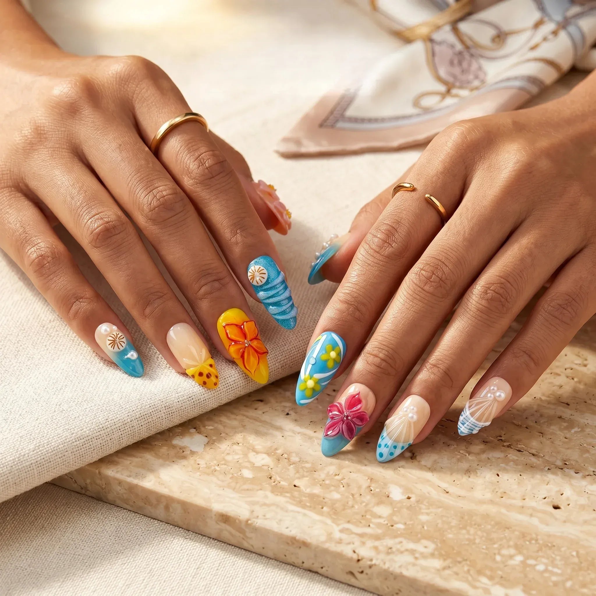 Kentrim Cherry Sweet Medium Almond Press On Nails with tropical floral design, multicolor bases, 3D hibiscus flowers, 10-piece set Main image