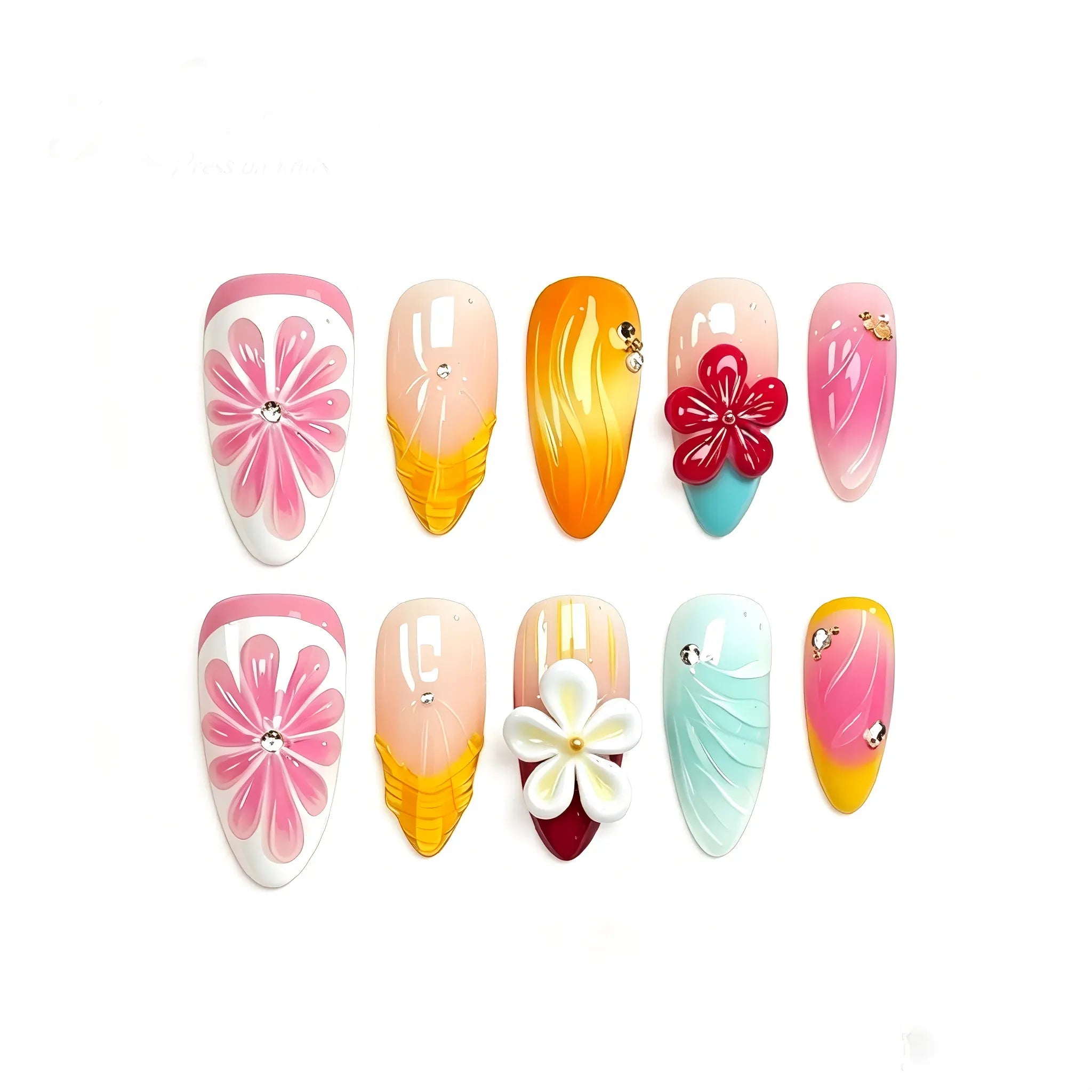 Kentrim Tropical Floral Medium Almond Press On Nails- 10 Pieces (Single Size) Secondary image