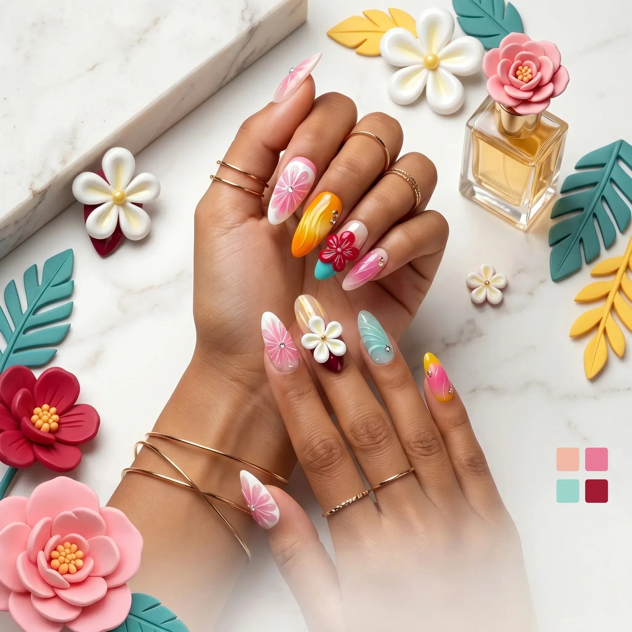 Kentrim Tropical Floral Medium Almond Press On Nails with pink, orange, turquoise bases and 3D hibiscus and plumeria flowers. Main image
