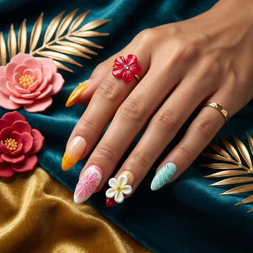 Kentrim Tropical Floral Medium Almond Press On Nails- 10 Pieces (Single Size)