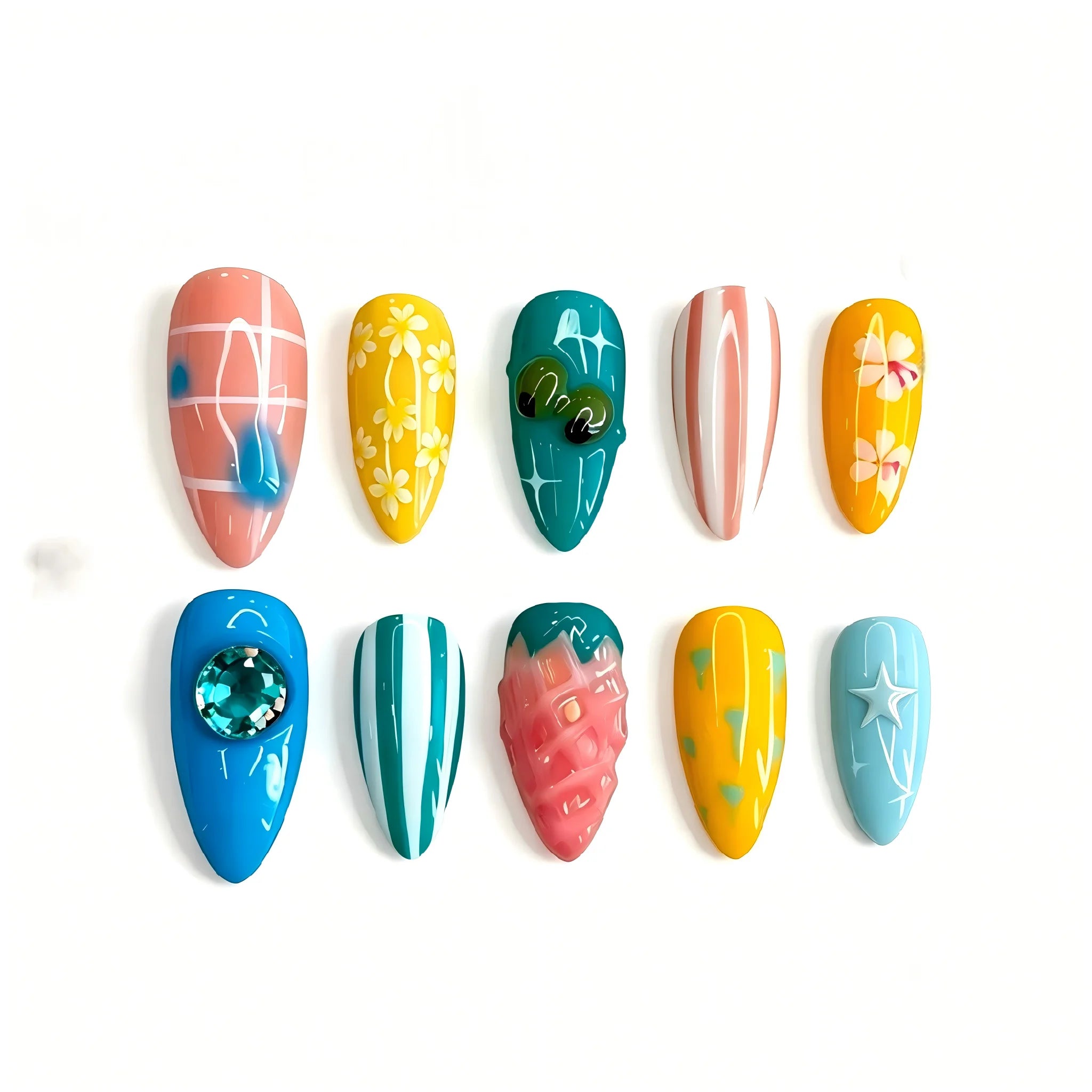 Kentrim Tropical Summer Medium Almond Press On Nails- 10 Pieces (Single Size)