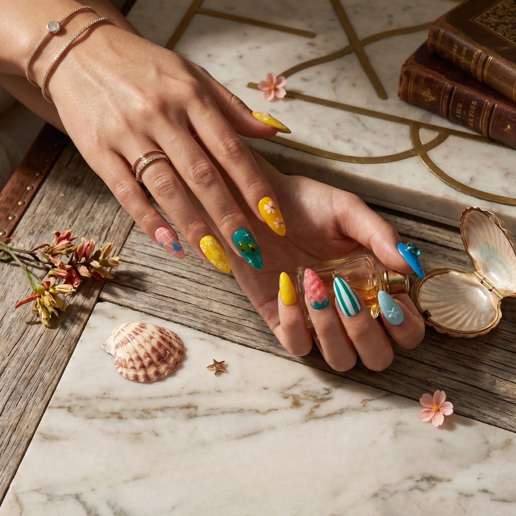 Kentrim Tropical Summer Medium Almond Press On Nails- 10 Pieces (Single Size)