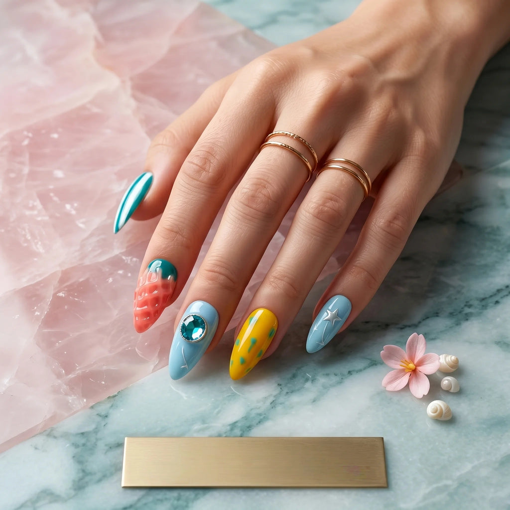 Kentrim Tropical Summer Medium Almond Press On Nails- 10 Pieces (Single Size)