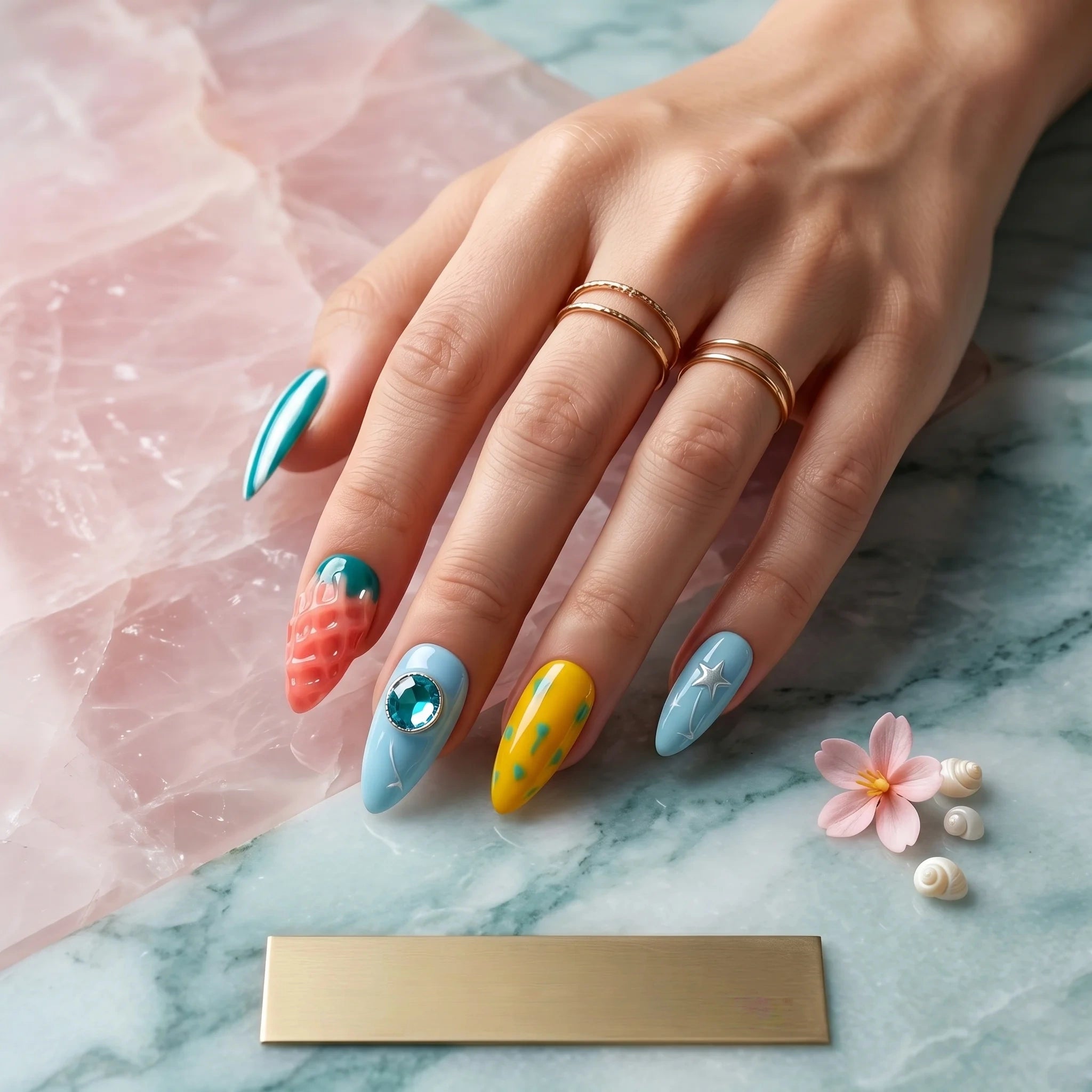 Kentrim Tropical Summer Medium Almond Press On Nails- 10 Pieces (Single Size)