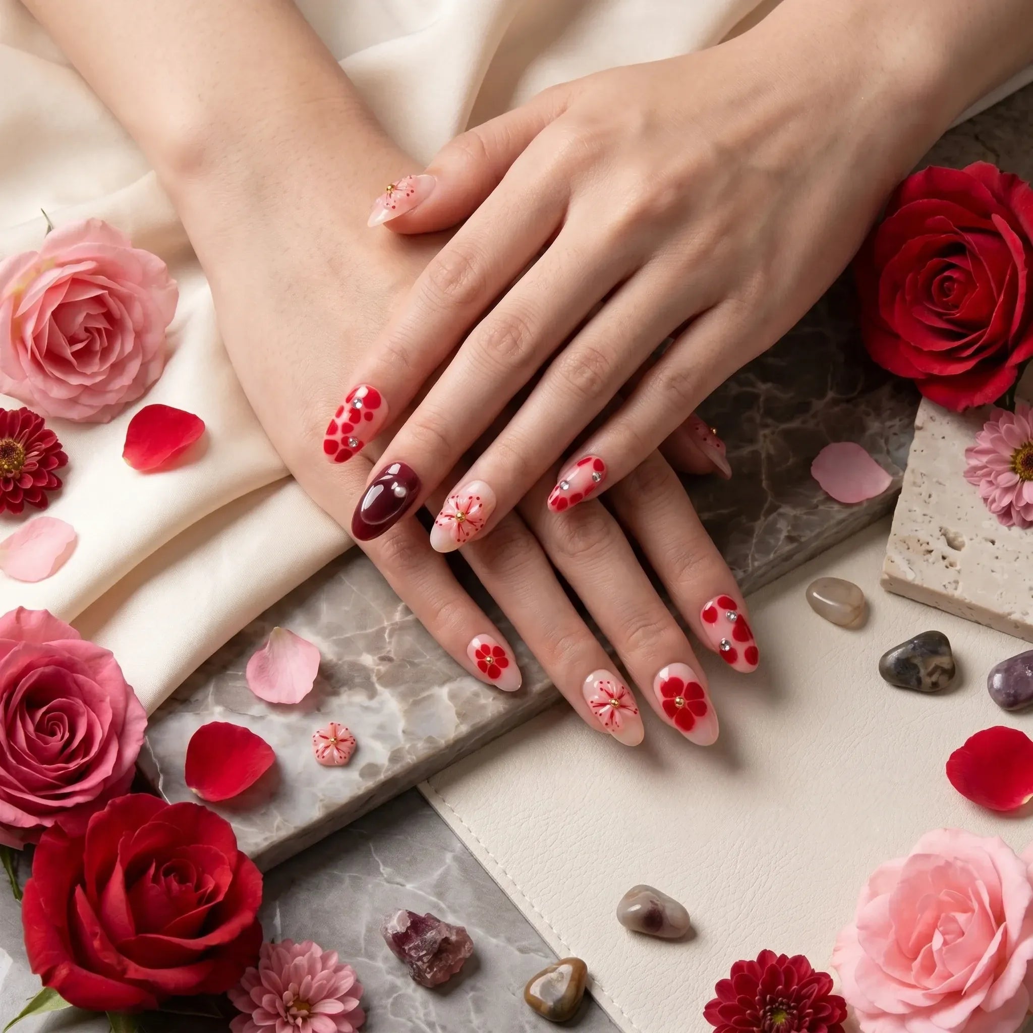 Kentrim floral medium almond press-on nails with animal print, floral designs, gold studs, and vibrant colors, 10-piece set. Main image