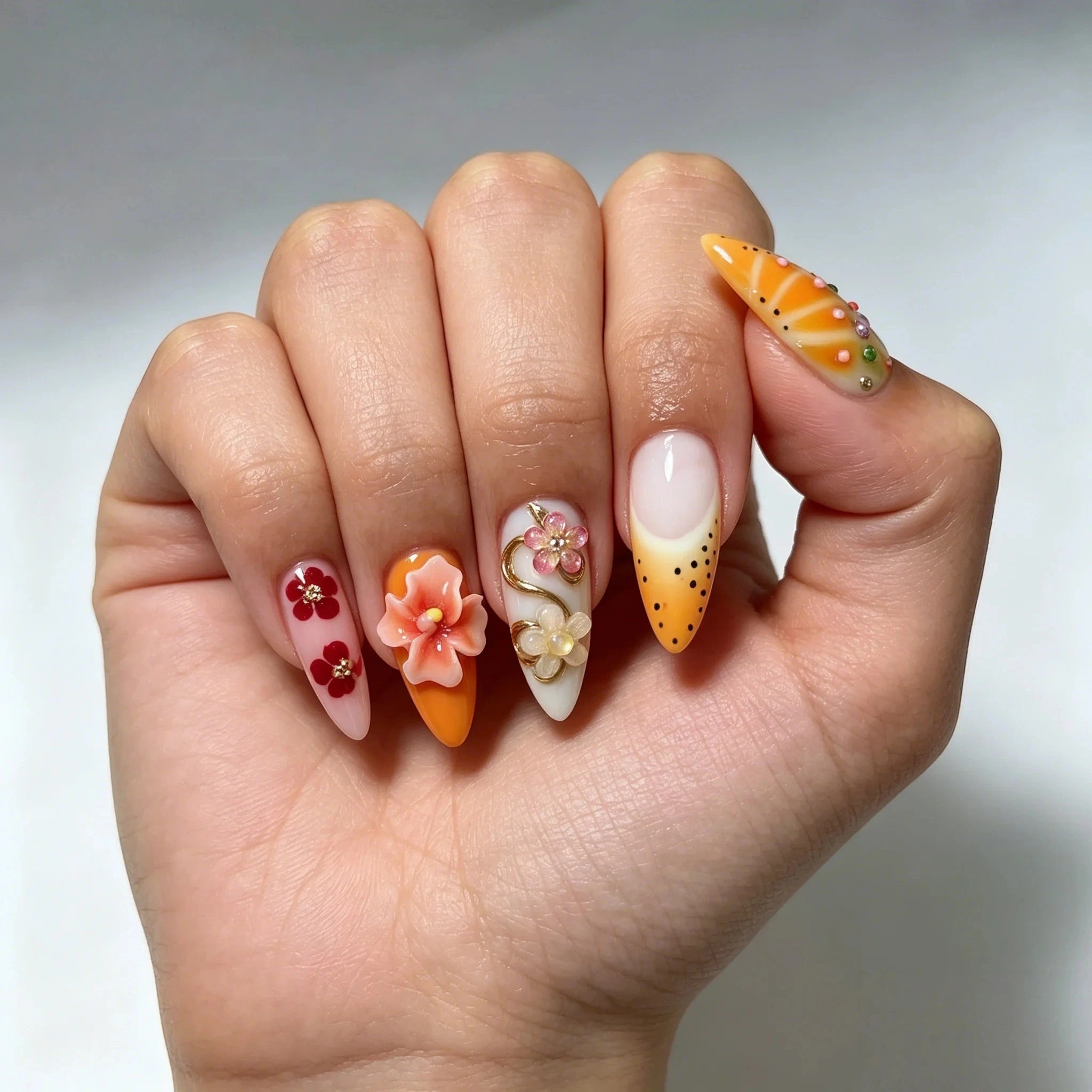 Kentrim Tropical Citrus Floral Press On Nails- 10 Pieces (Single Size)