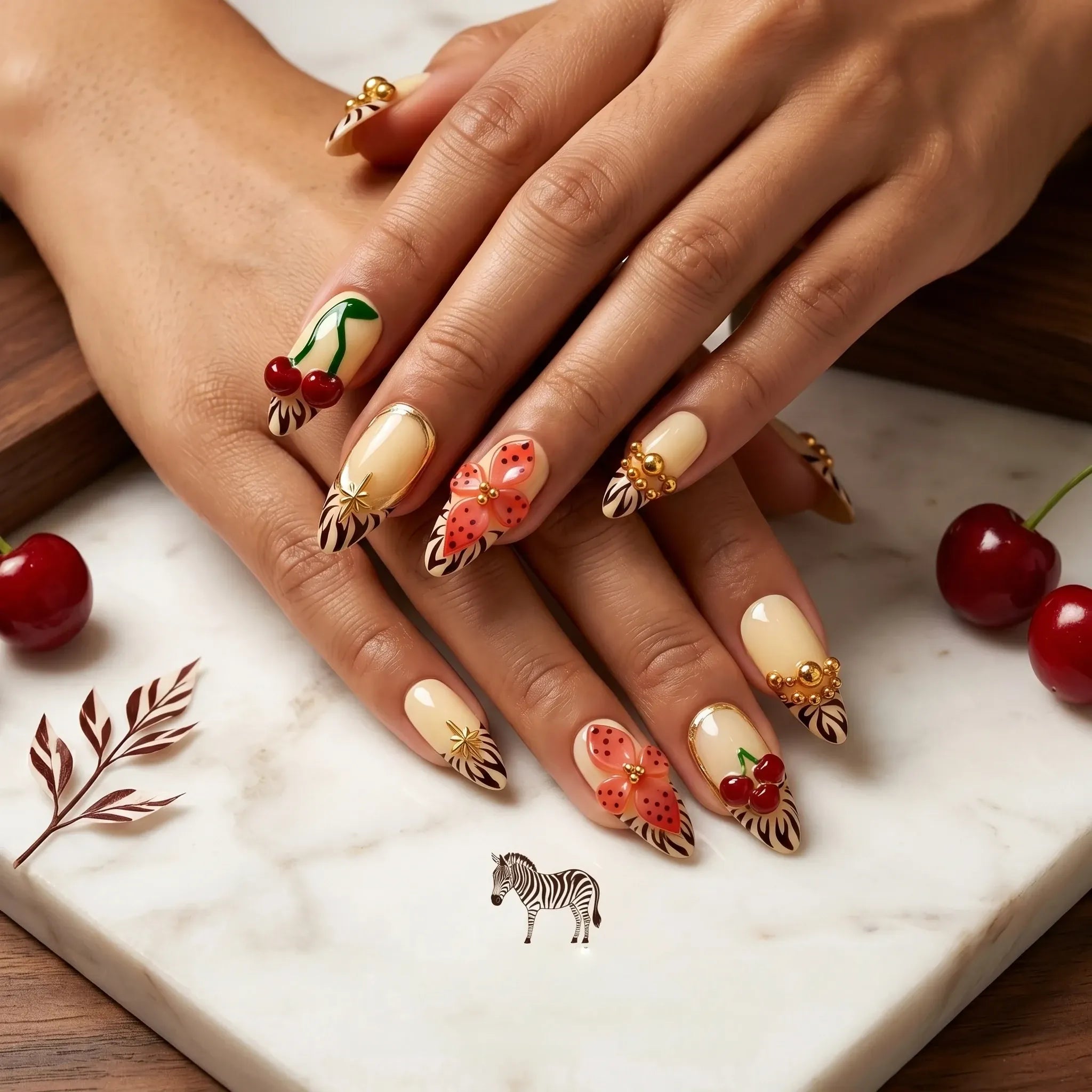 Kentrim Cherry & Zebra medium almond press-on nails with nude base and zebra print tips, set of 10 fake nails. Main image