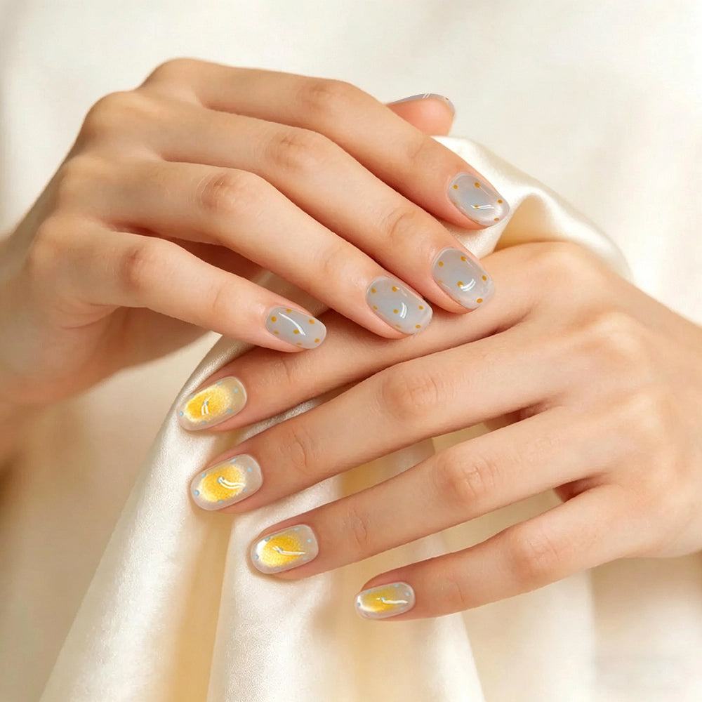 Kentrim Fresh Yellow Polka Dot Cat Eye Short Square Press On Nails - 10 Pieces (Single Size)