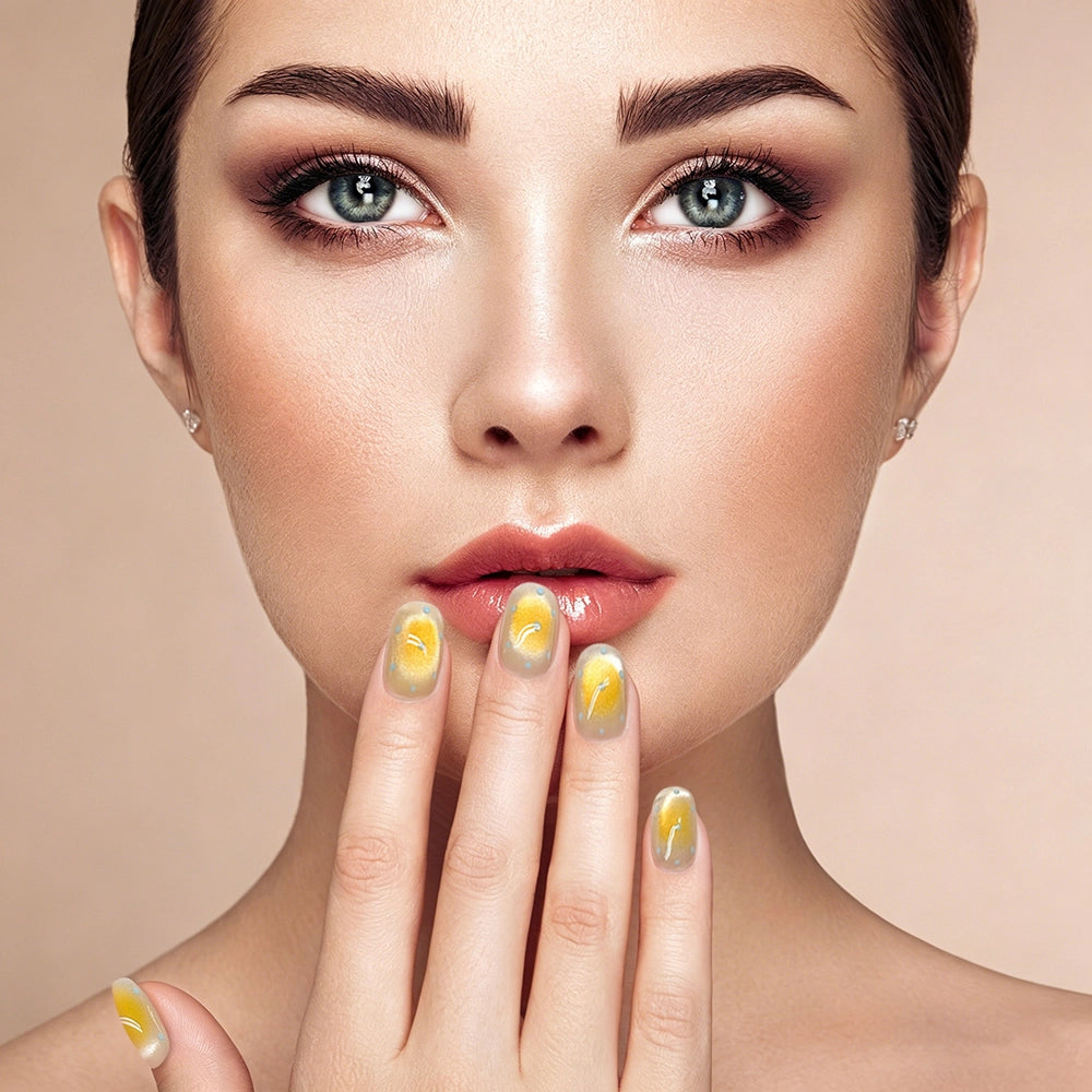 Kentrim Fresh Yellow Polka Dot Cat Eye Short Square Press On Nails - 10 Pieces (Single Size)