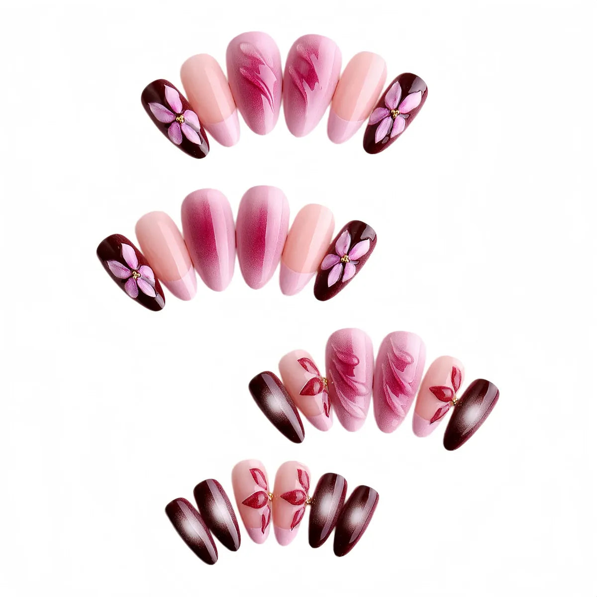 Kentrim pink and burgundy floral almond press-on nails, 24-piece set with 12 sizes, showcasing elegant nail designs and natural finish. Main image