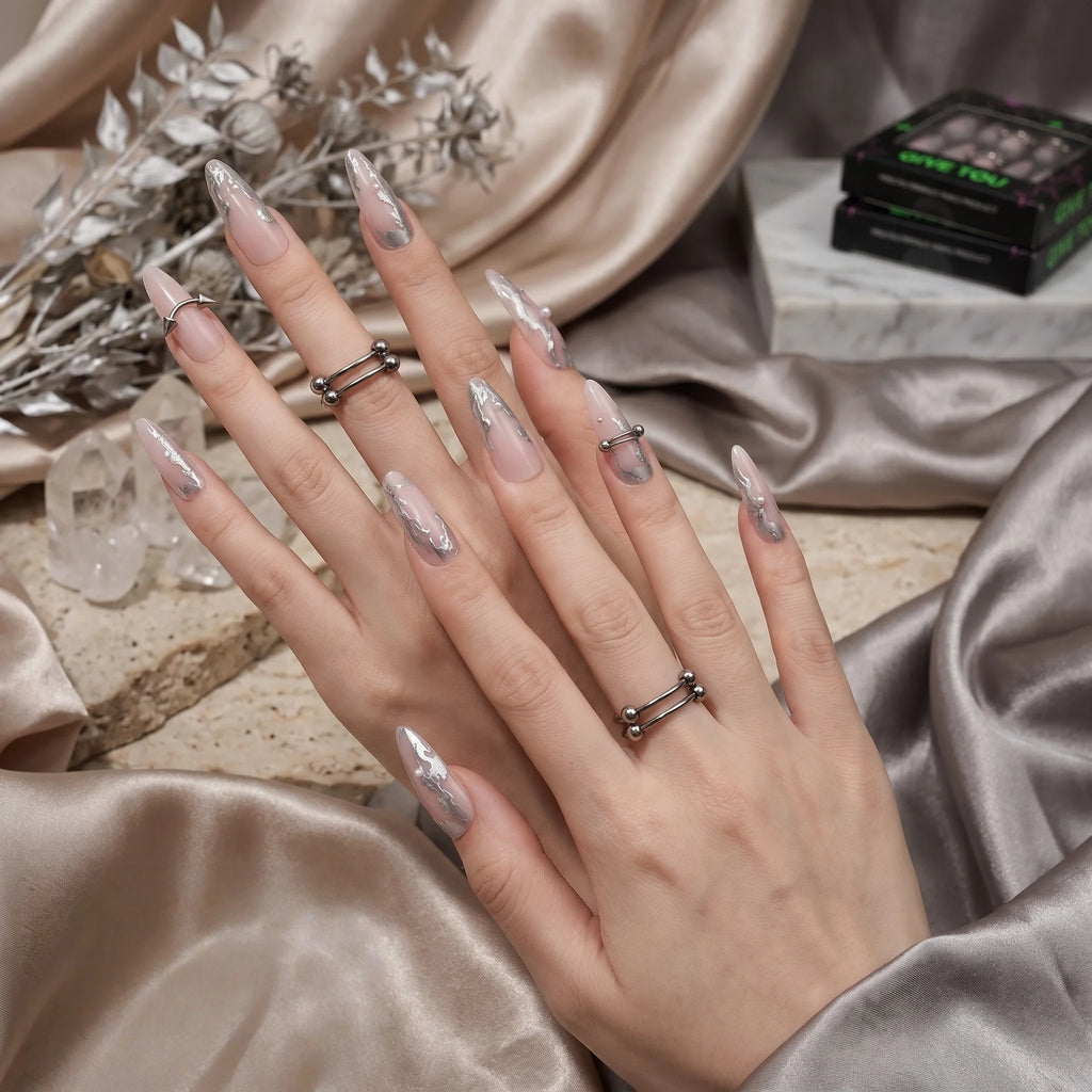 Kentrim Pink Silver Metallic Press On Nails - 30 Pieces, 15 Sizes