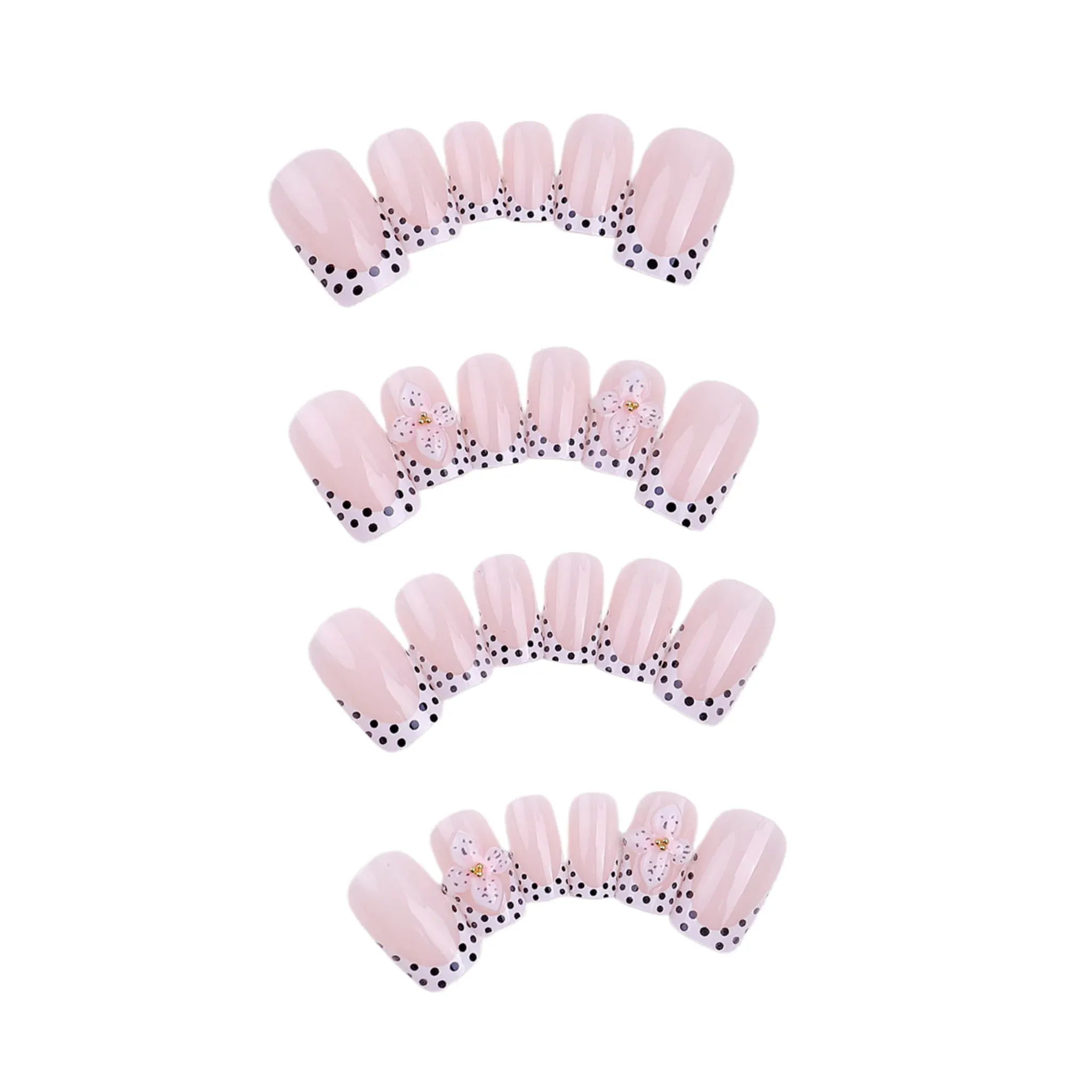 Kentrim Jelly Glue Dark black Kentrim Nude with Black Polka Dot French Tips & 3D Flower Press On Nails - 24 Pieces (12 Sizes)