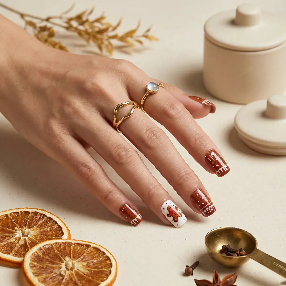 Kentrim Jelly Glue Brown Kentrim Gingerbread Man Christmas Press On Nails - 24 Pieces (12 Sizes)