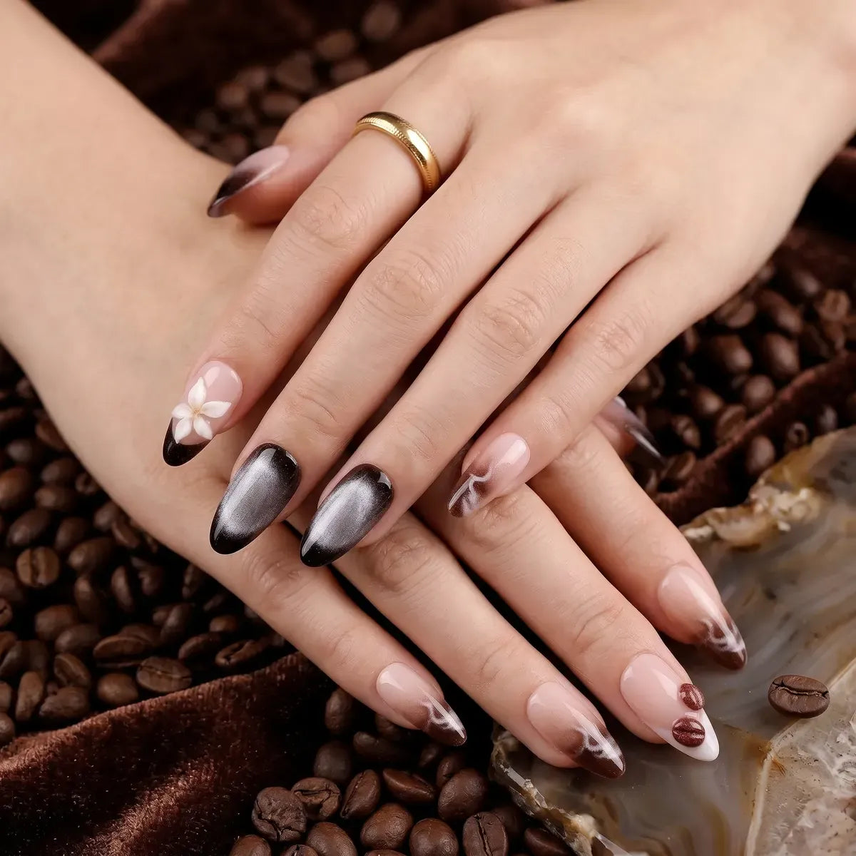 Kentrim Jelly Glue Brown Kentrim Coffee Themed Almond Press On Nails-24 Pieces (12 Sizes)