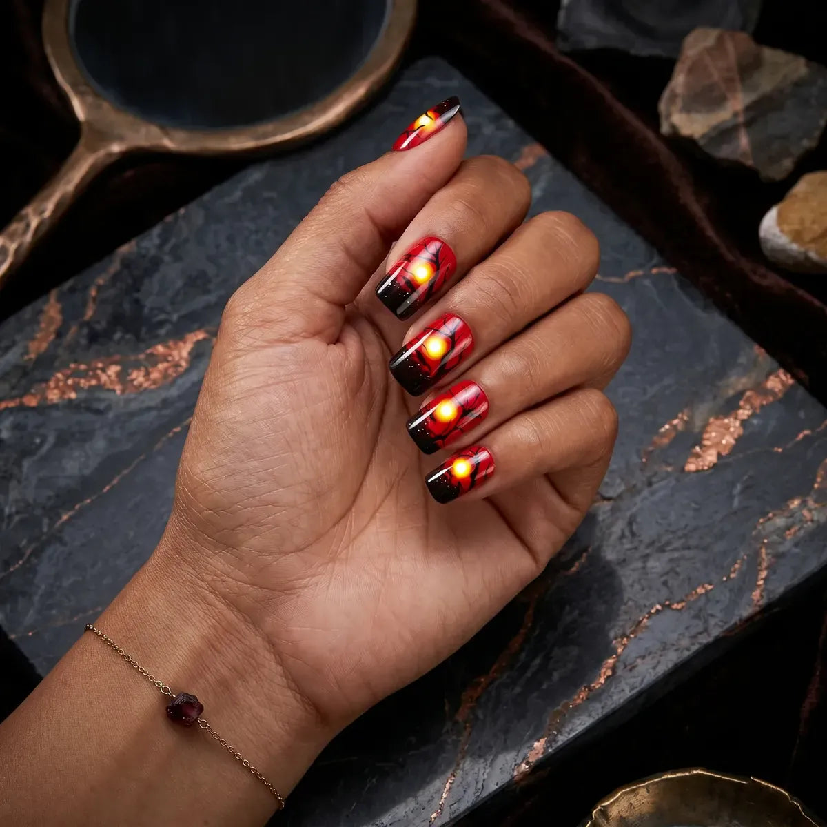 Kentrim Jelly Glue Red Kentrim Sunset Forest Medium Square Press On Nails - 24 Pieces (12 Sizes)