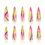 Kentrim Jelly Glue Yellow Kentrim Neon Gradient Abstract Line Press On Nails - 30 Pieces (15 Sizes)
