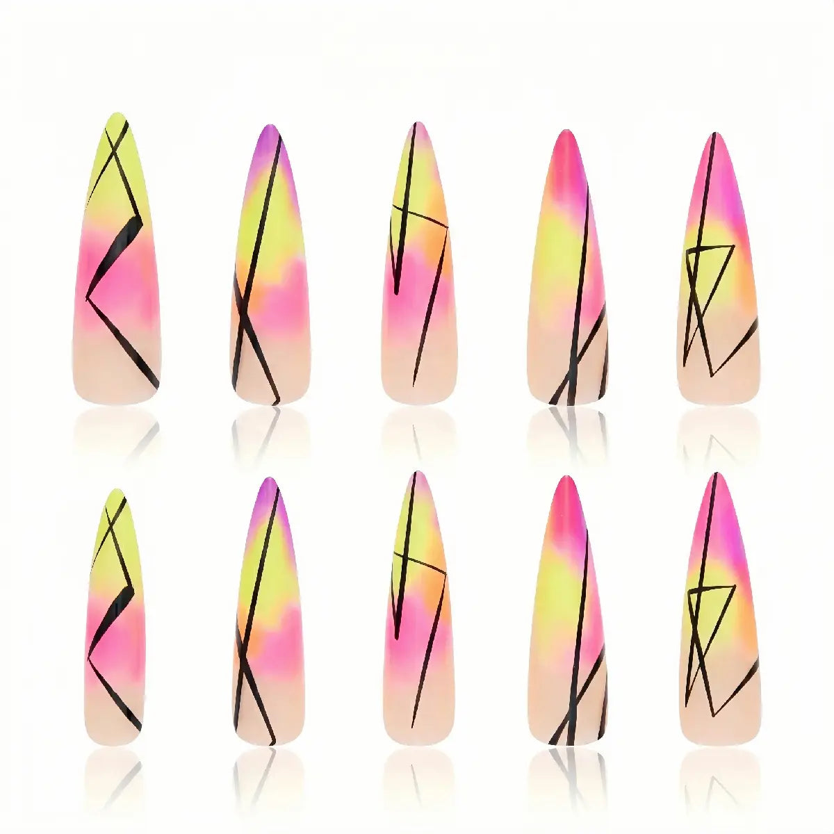 Kentrim Jelly Glue Yellow Kentrim Neon Gradient Abstract Line Press On Nails - 30 Pieces (15 Sizes)