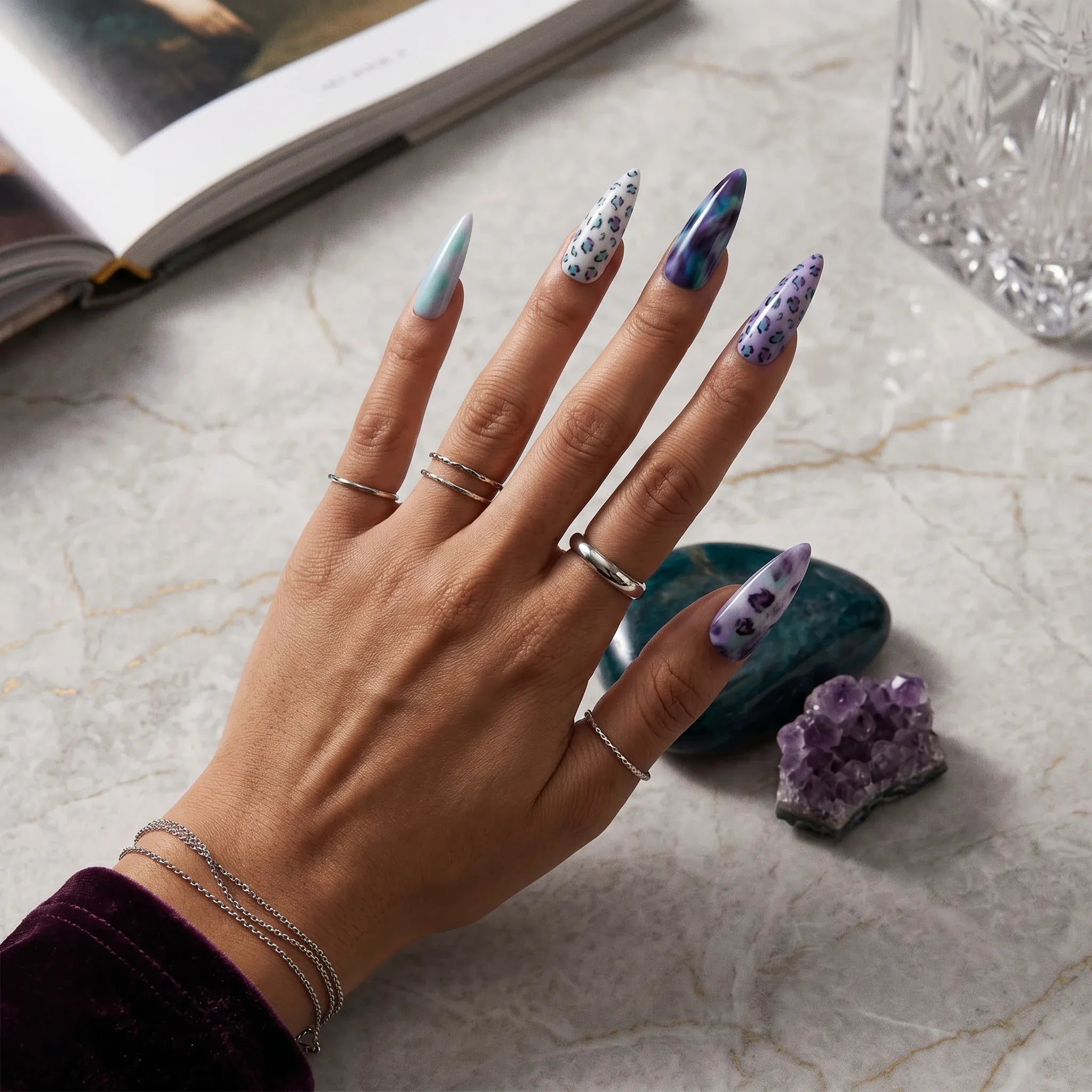 Kentrim Jelly Glue Purple Kentrim Tie-Dye Leopard Print Press On Nails with Silver Rings - 30 Pieces (15 Sizes)