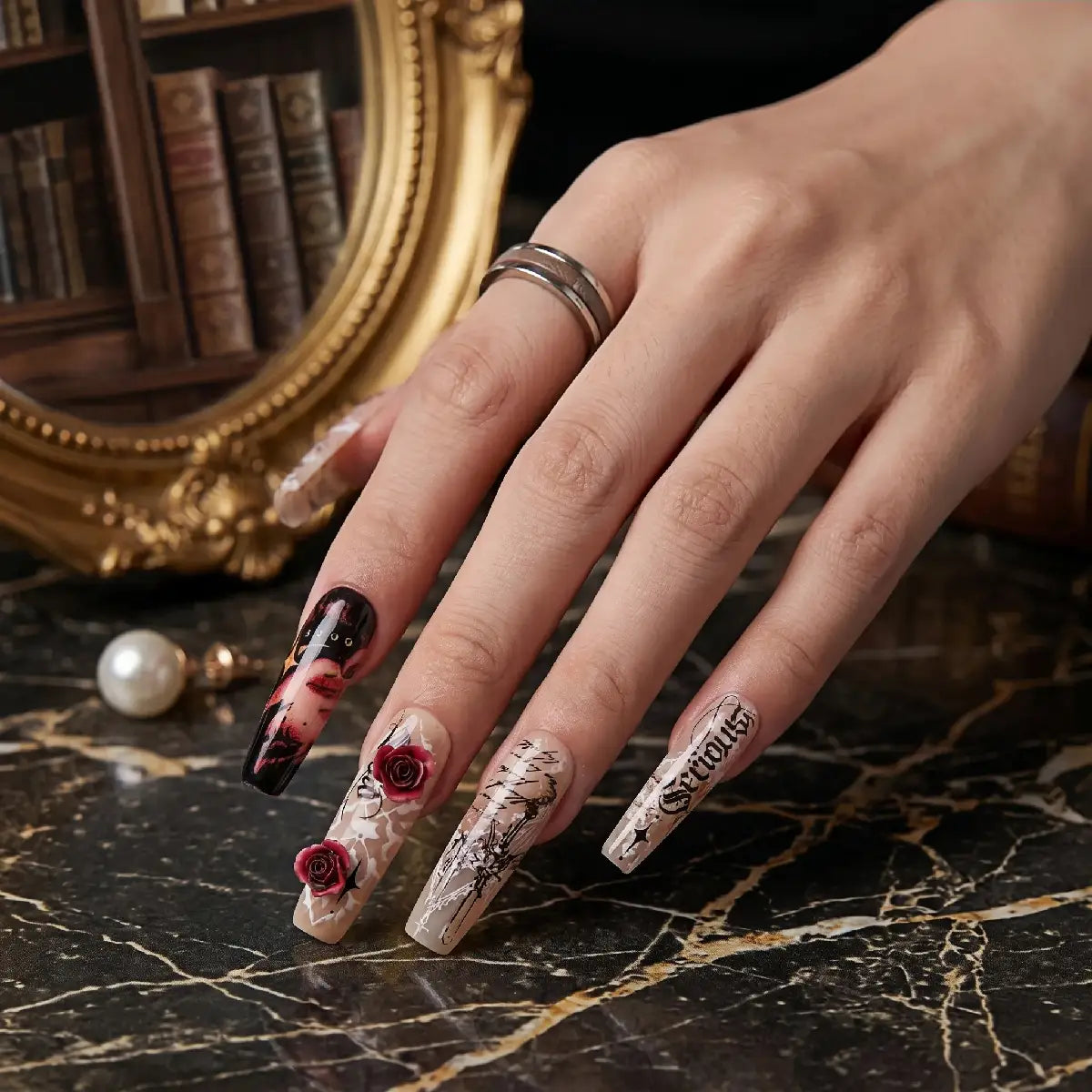 Kentrim Jelly Glue Red Kentrim Gothic Rose & Letter Print Press On Nails - 30 Pieces (15 Sizes)
