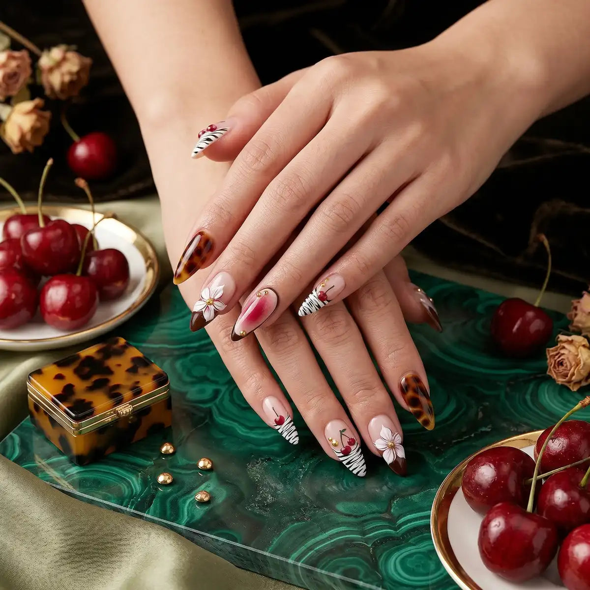 Kentrim Jelly Glue Pink Kentrim Tortoiseshell Zebra Cherry Floral Press On Nails - 24 Pieces (12 Sizes)