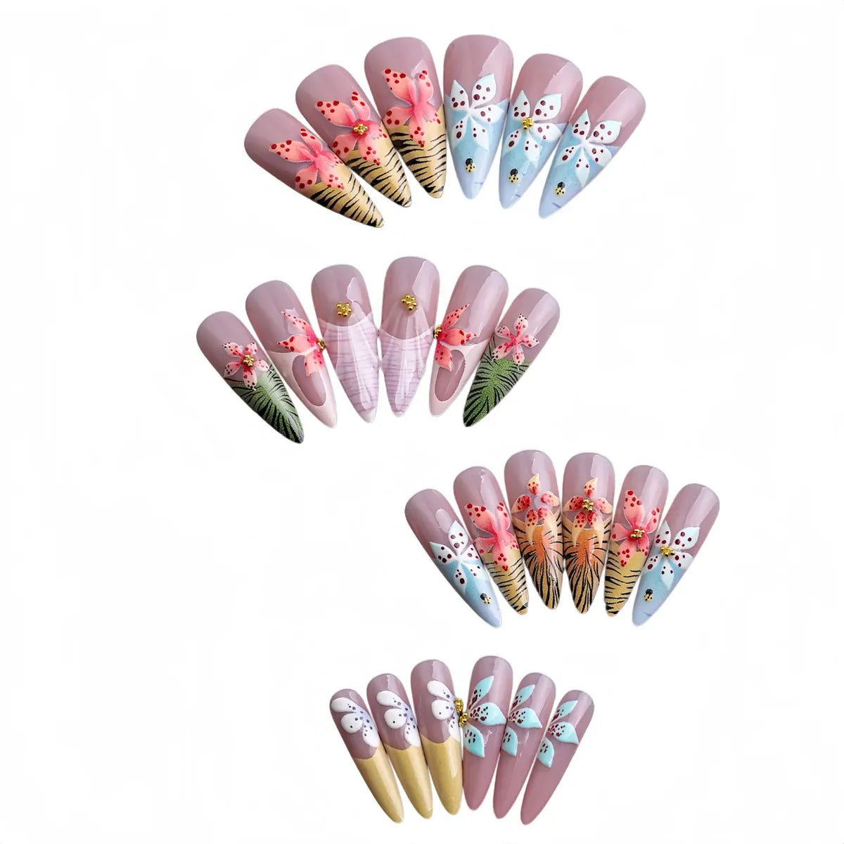 Kentrim Tropical Flower Stiletto Press On Nails - 24 Pieces (12 Sizes) Main image