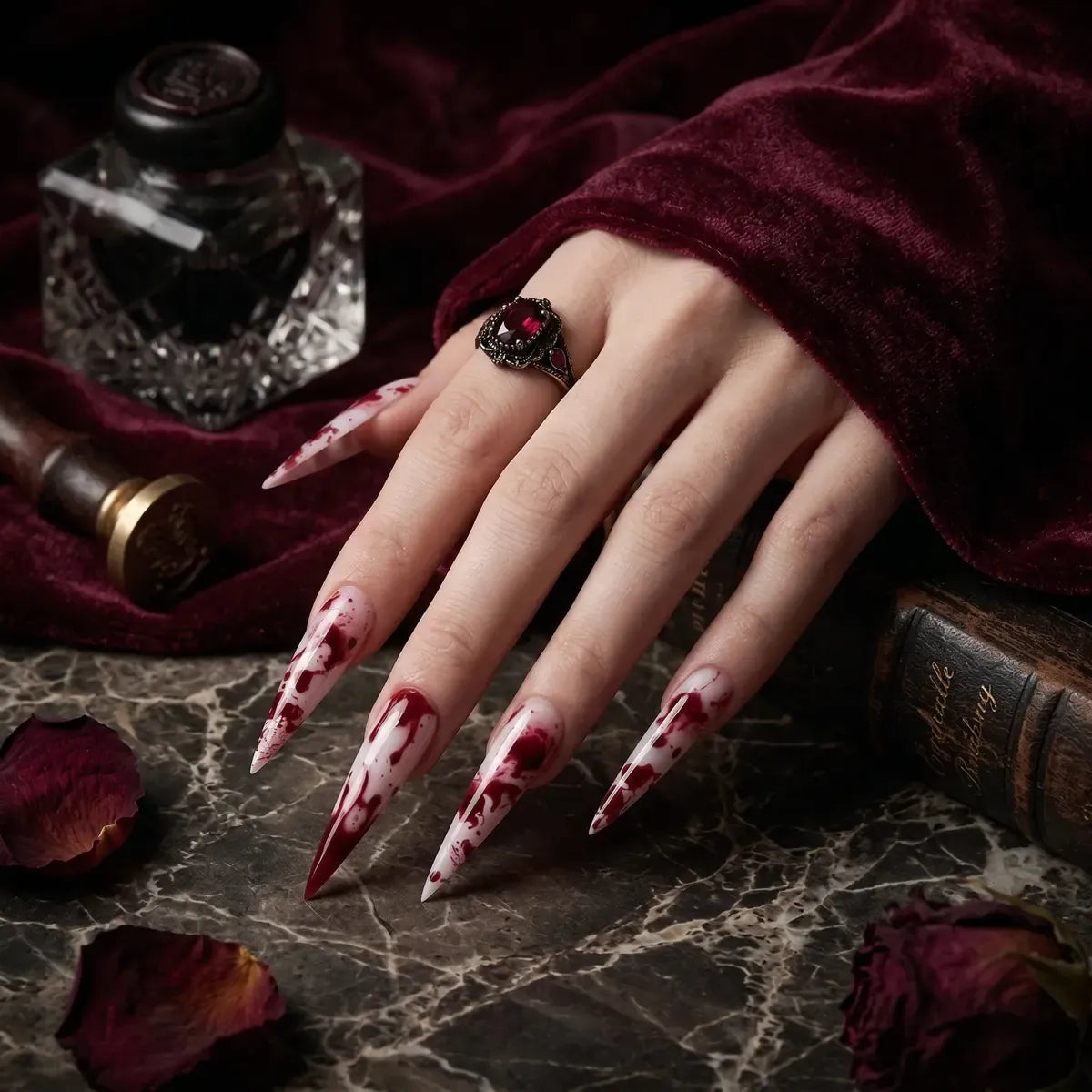 Kentrim Jelly Glue Red Kentrim Halloween Blood Splatter Long Stiletto Press On Nails - 24 Pieces (12 Sizes)