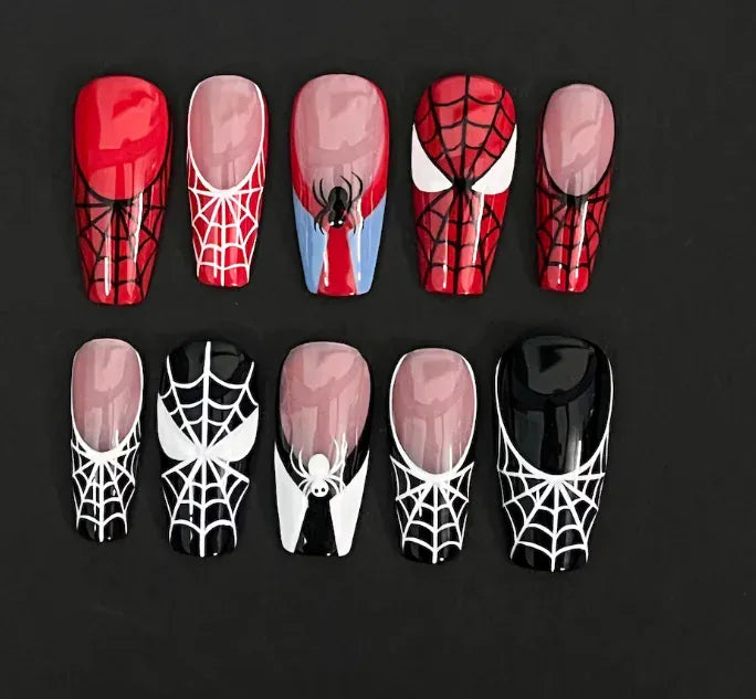 Kentrim Jelly Glue Red Kentrim Red Black Spider Web Superhero Coffin Press On Nails - 24 Pieces (12 Sizes)