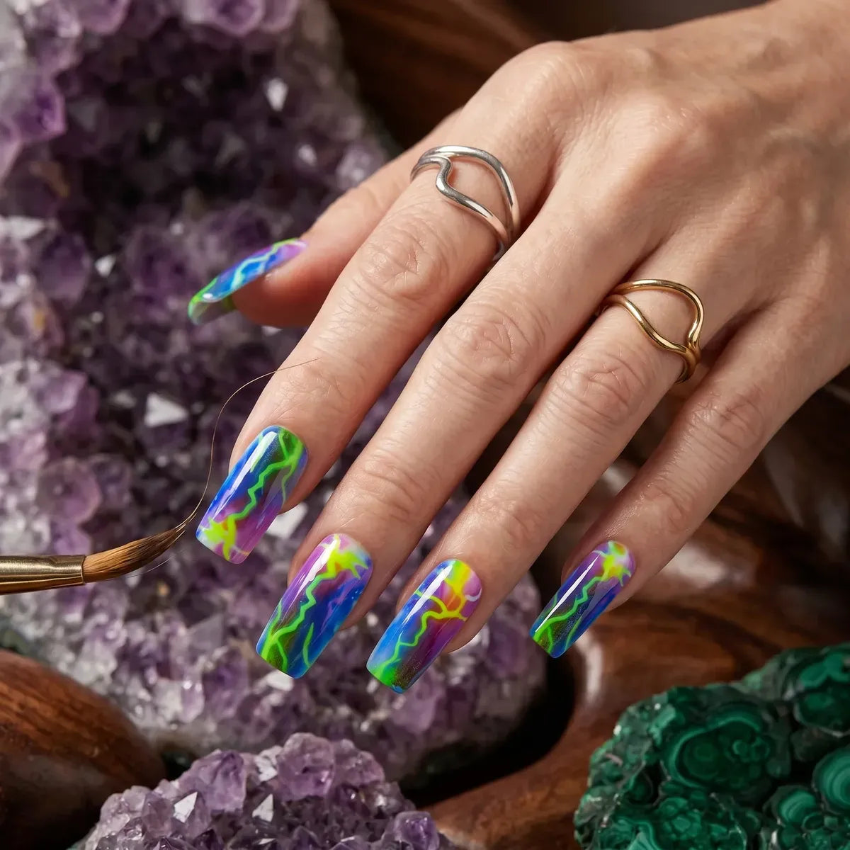 Kentrim Jelly Glue Green Kentrim Neon Lightning Multicolor Medium Square Press On Nails - 24 Pieces (12 Sizes)