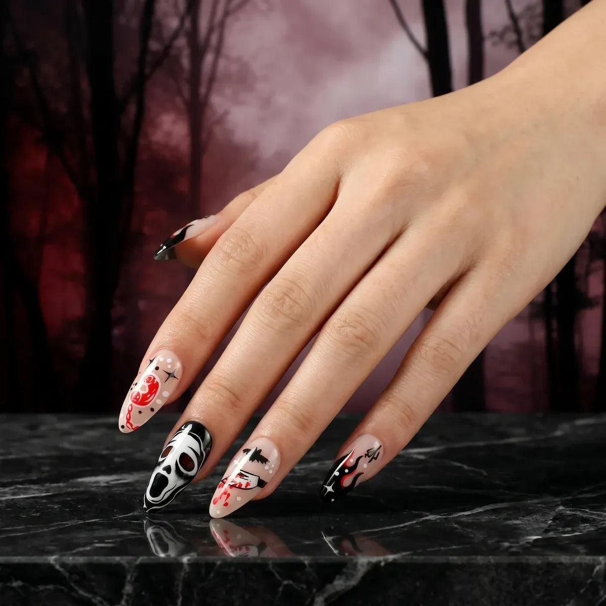 Kentrim Jelly Glue Black Kentrim Scream Ghost Face Almond Halloween Press On Nails - 24 Pieces (12 Sizes)
