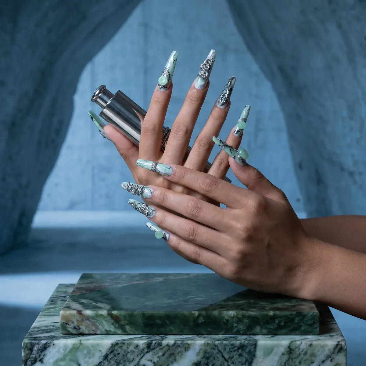Kentrim Green Ink Dragon Jade XL square press-on nails, set of 30 pieces in 15 sizes with detailed nail designs on a white background. Main image
