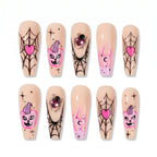 Kentrim Jelly Glue Pink Kentrim Pink Spider Pumpkin Long Coffin Halloween Press On Nails - 24 Pieces (12 Sizes)