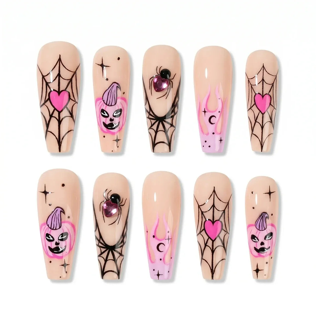 Kentrim Jelly Glue Pink Kentrim Pink Spider Pumpkin Long Coffin Halloween Press On Nails - 24 Pieces (12 Sizes)