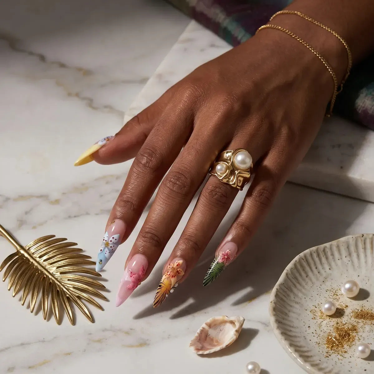 Kentrim Tropical Flower Stiletto Press On Nails - 24 Pieces (12 Sizes)