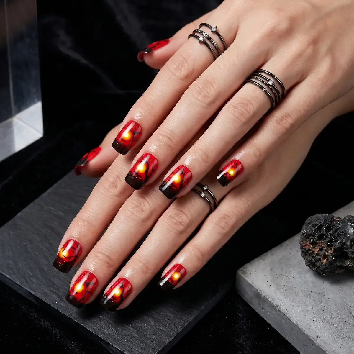Kentrim Jelly Glue Red Kentrim Sunset Forest Medium Square Press On Nails - 24 Pieces (12 Sizes)