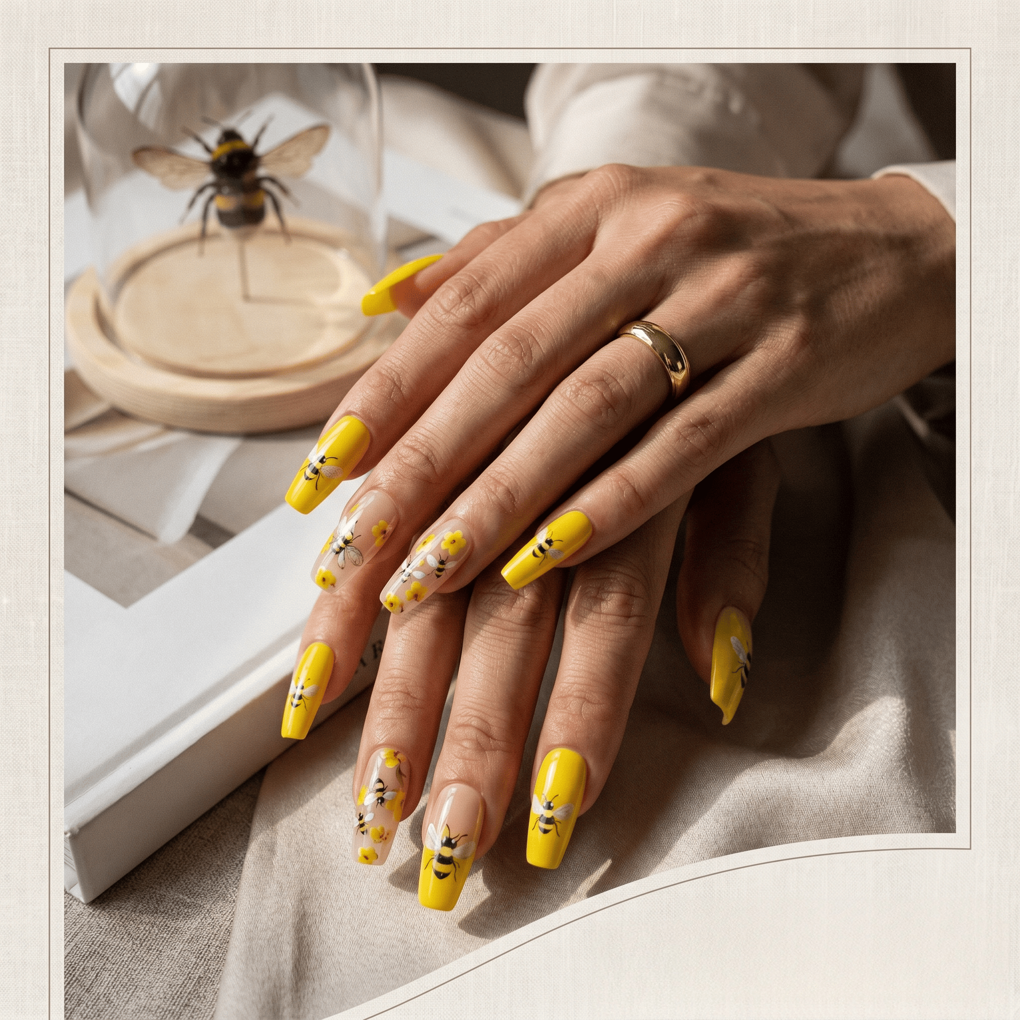 Kentrim Jelly Glue Yellow Kentrim Bee & Flower Medium Coffin Press On Nails - 24 Pieces (12 Sizes)