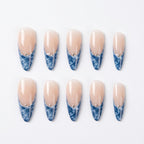 Kentrim Jelly Glue Blue Kentrim Denim French Tip Press On Nails with Rhinestones - 30 Pieces (15 Sizes)