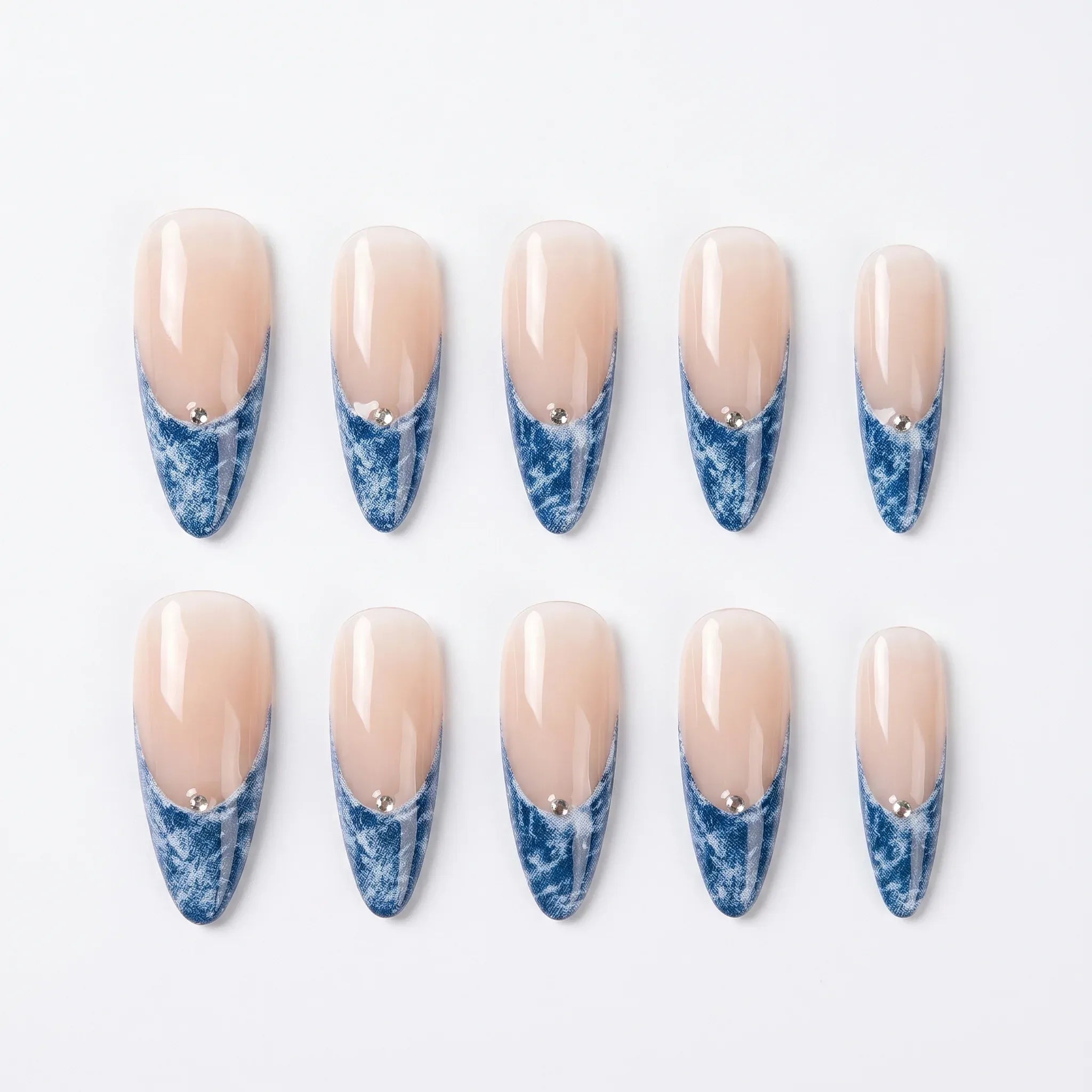 Kentrim Jelly Glue Blue Kentrim Denim French Tip Press On Nails with Rhinestones - 30 Pieces (15 Sizes)