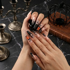 Kentrim Jelly Glue Black Kentrim Black Glitter Pumpkin Long Coffin Halloween Press On Nails - 24 Pieces (12 Sizes)