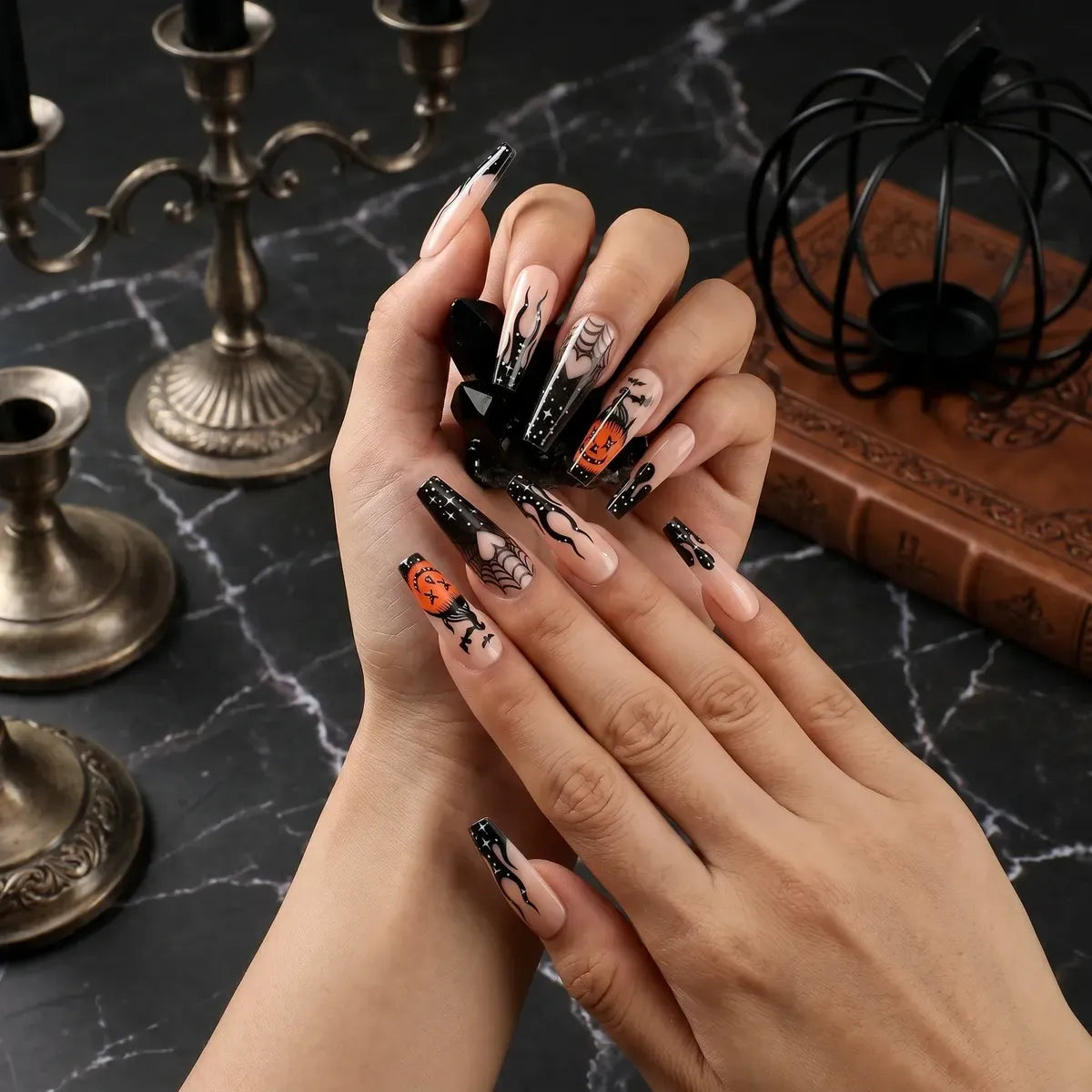 Kentrim Jelly Glue Black Kentrim Black Glitter Pumpkin Long Coffin Halloween Press On Nails - 24 Pieces (12 Sizes)