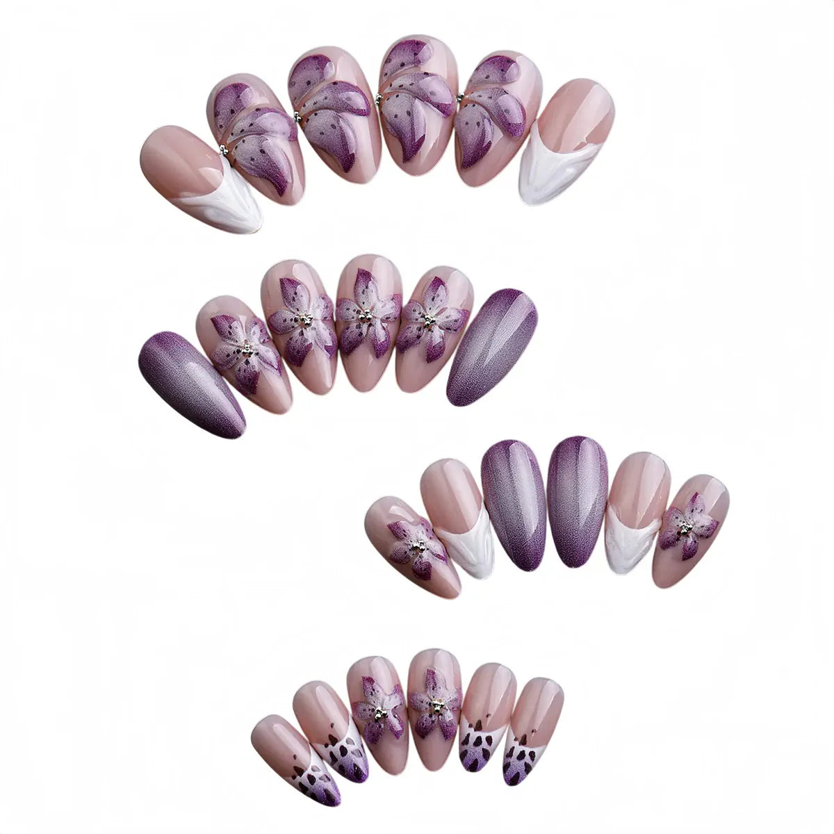 Kentrim purple floral almond press-on nails set with 24 pieces in 12 sizes, displaying elegant floral nail designs. Main image