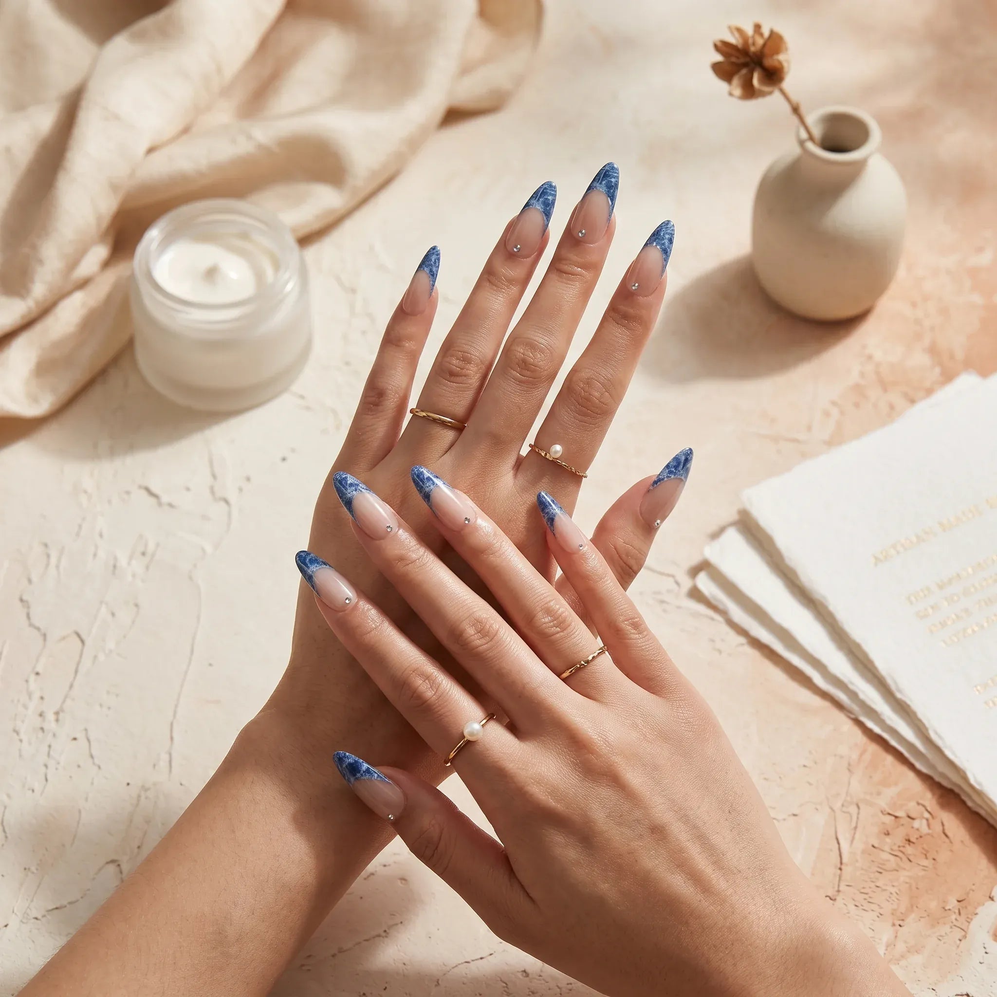 Kentrim Jelly Glue Blue Kentrim Denim French Tip Press On Nails with Rhinestones - 30 Pieces (15 Sizes)